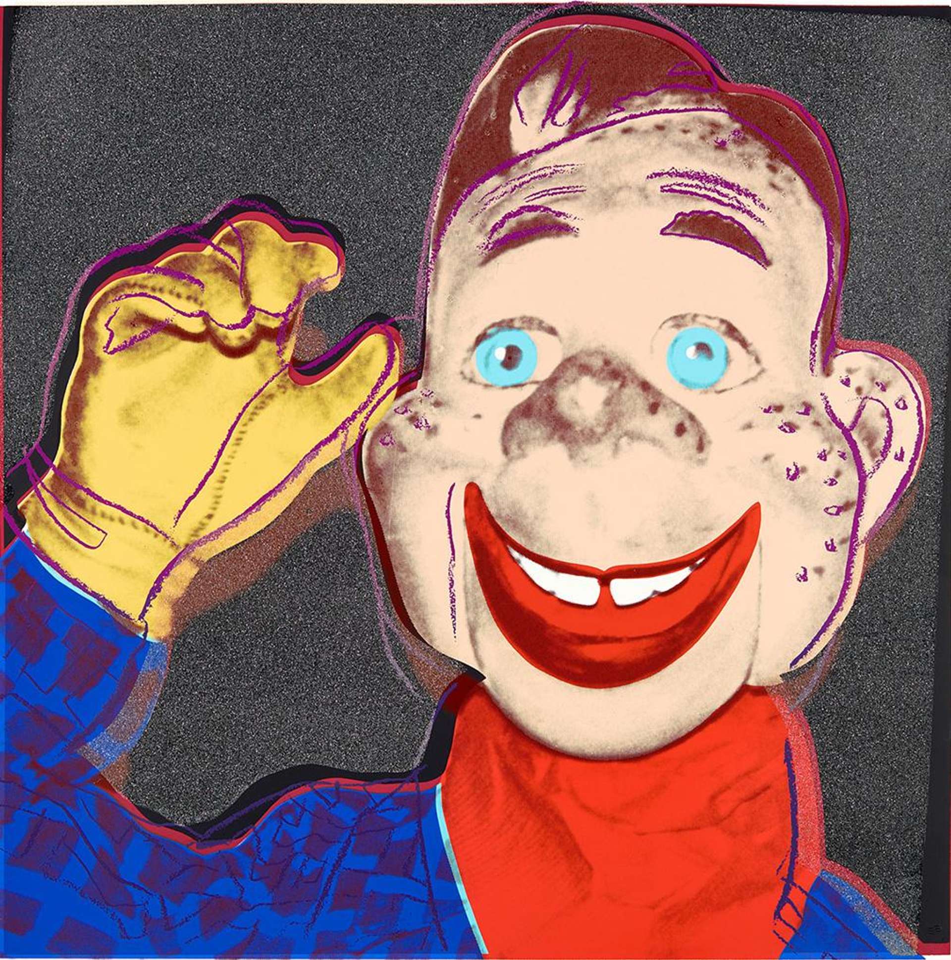 In this print, Warhol depicts the popular freckle-faced marionette Howdy Doody from the children’s television show of the same name, aired from the 1940s through to the 1960s. It shows the fictional character in vivid primary colours set against a contrasting dark backdrop, providing the figure with an illuminous glow. Warhol also uses his trademark crayon-like line drawing to contour the image, emphasising the graphic style.