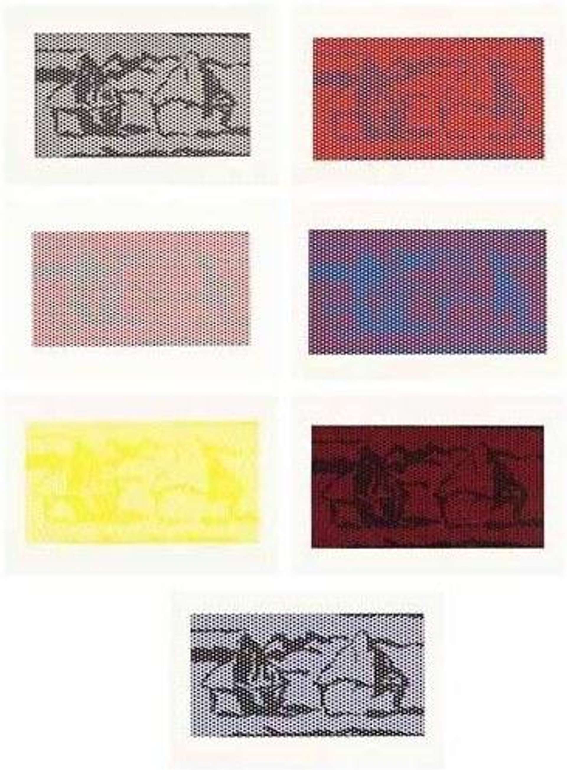 A series of 7 Haystacks as depicted by Roy Lichtenstein. Each is done in a pointillist manner, echoing the artist's Ben-Day dots, with a different colour scheme.