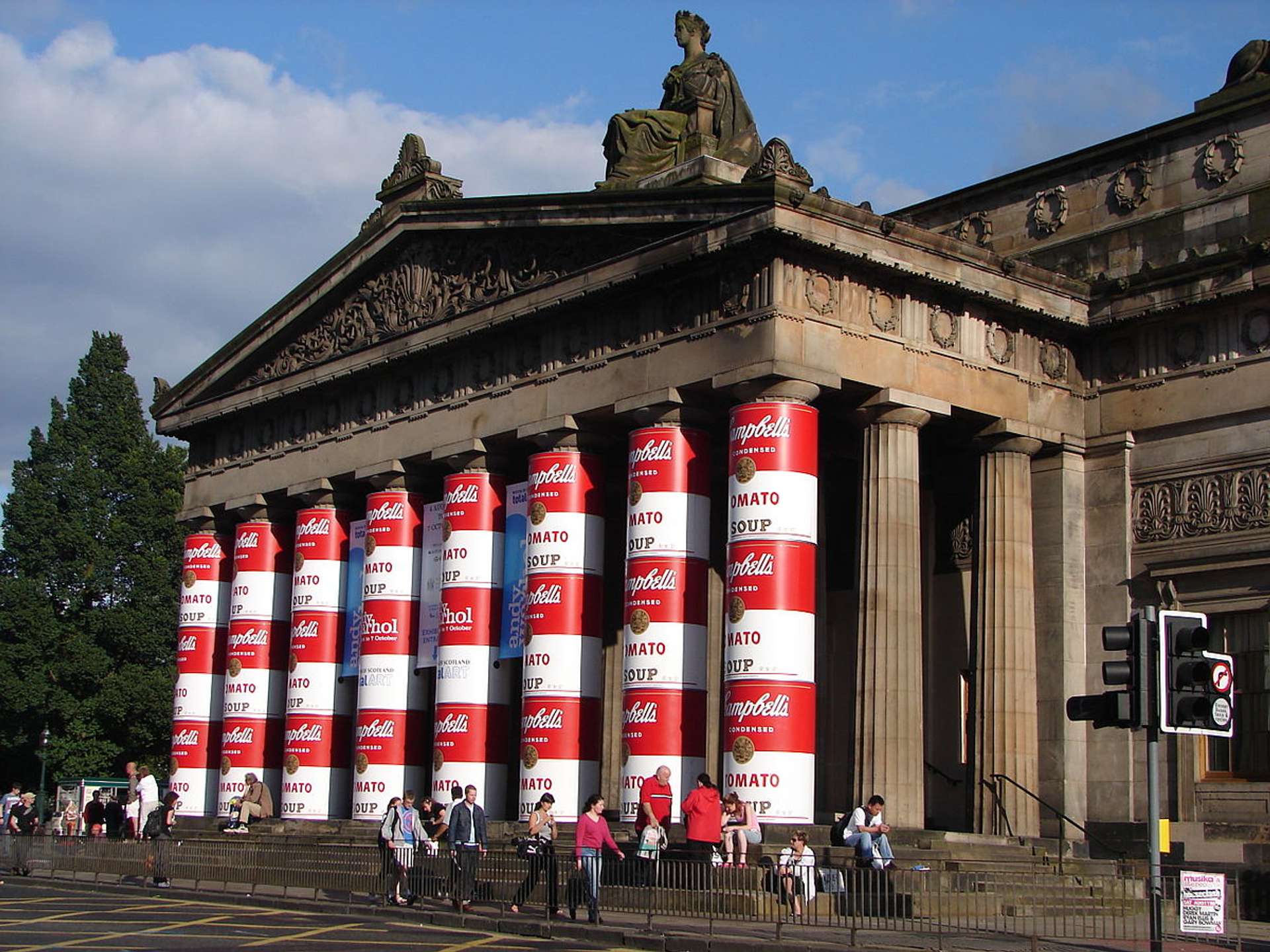 Columns of the Royal Scottish Academy portico in Edinburgh decorated with Andy Warhol's Campbell Soup Can.