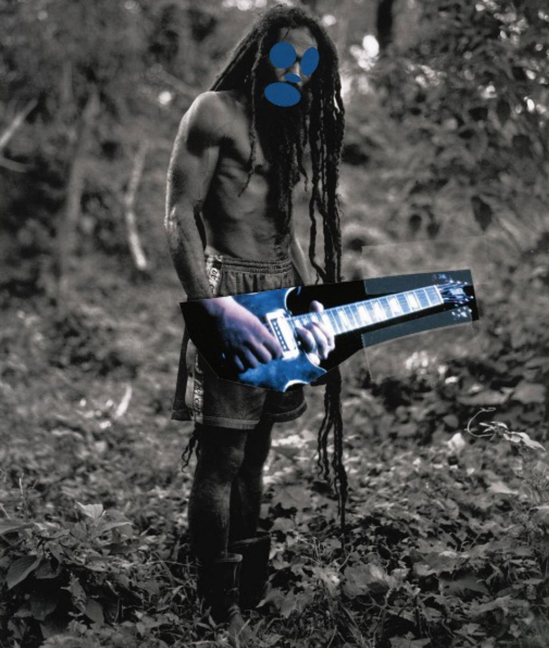 An image of Graduation by Richard Prince. It is a black-and-white picture of a Black man with long dreadlocks, standing in a wooded area. His face is obscured by blue dots, and the image of a guitar has been superimposed over his hands.