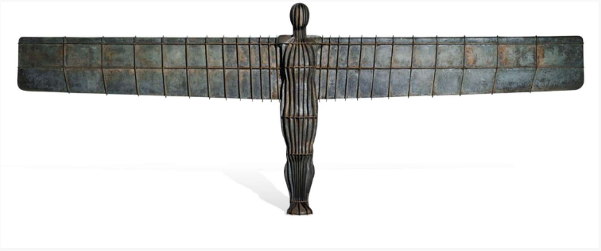 A life-sized sculpture of a human figure, standing upright with slightly bent knees, devoid of any distinct features other than the representation of the human form. The figure is grounded and balanced by a wingspan measuring 54 metres, adding a sense of stability and presence to the sculpture. The artwork is photographed in an empty gallery space, highlighting its monumental scale and minimalist aesthetic.