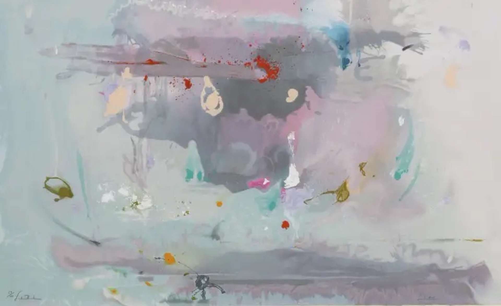 Helen Frankenthaler’s Grey Fireworks. An abstract expressionist screenprint of a grey background with spots of various colours. 