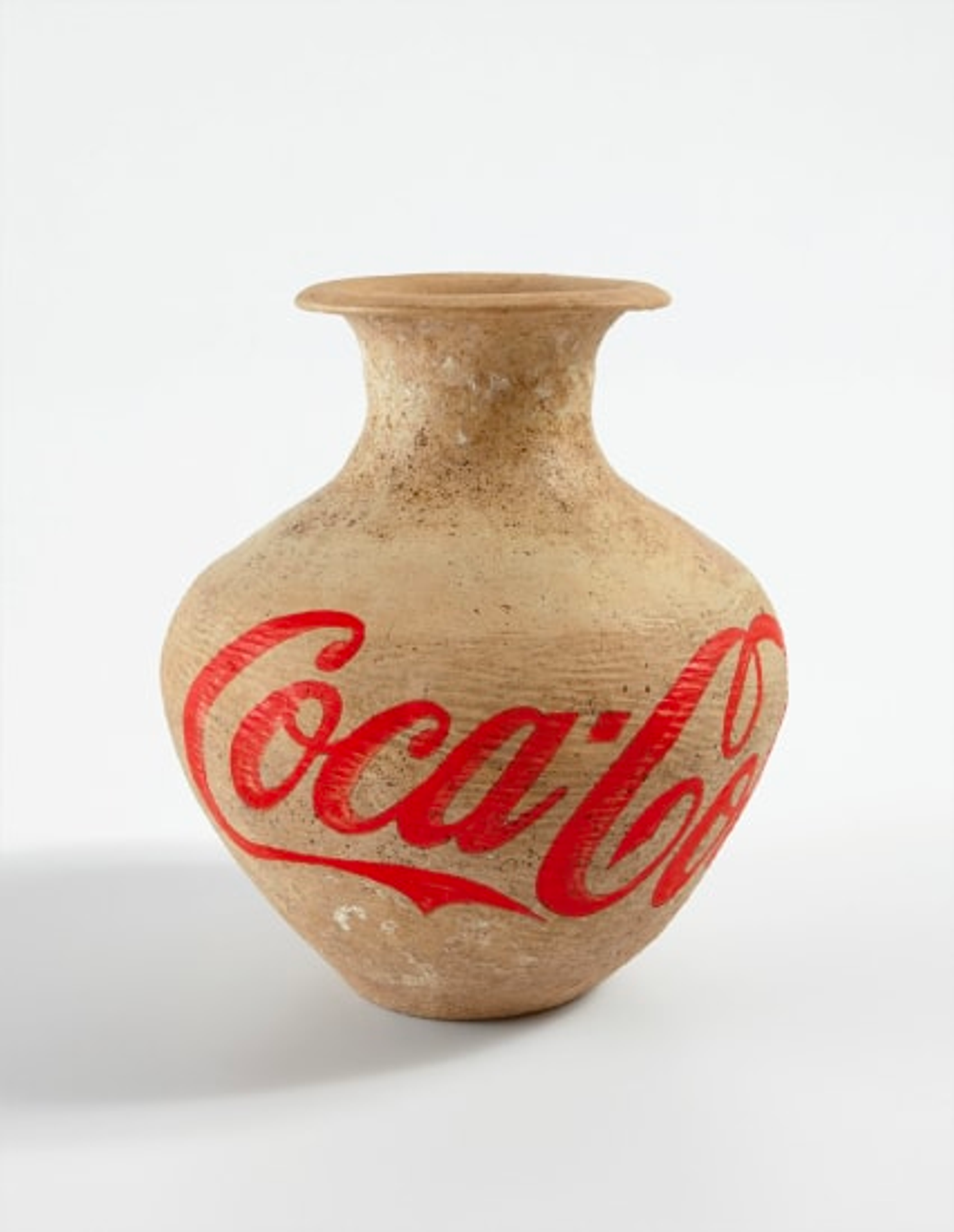 A coloured photograph displaying an antique Chinese urn featuring the stenciled "Coca-Cola" logo in red on the front, creating an intriguing juxtaposition of traditional and contemporary elements.