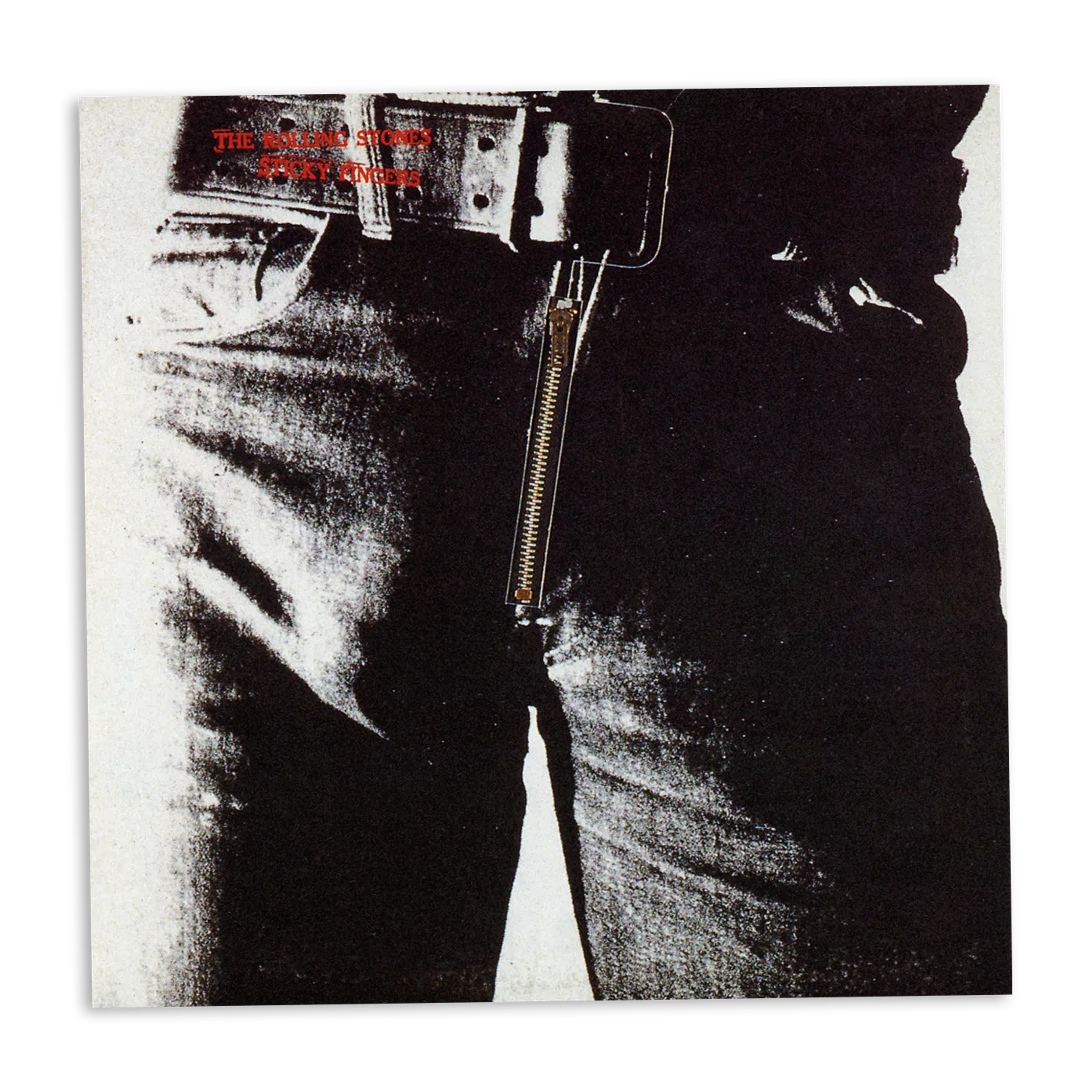 Album cover design by Andy Warhol for The Rolling Stones' album ‘Sticky Fingers’ in 1971, depicting a man's groin-area in jeans. The zipper of the jeans is a real, three-dimensional zipper, and the title of the album is written in red in the top left.