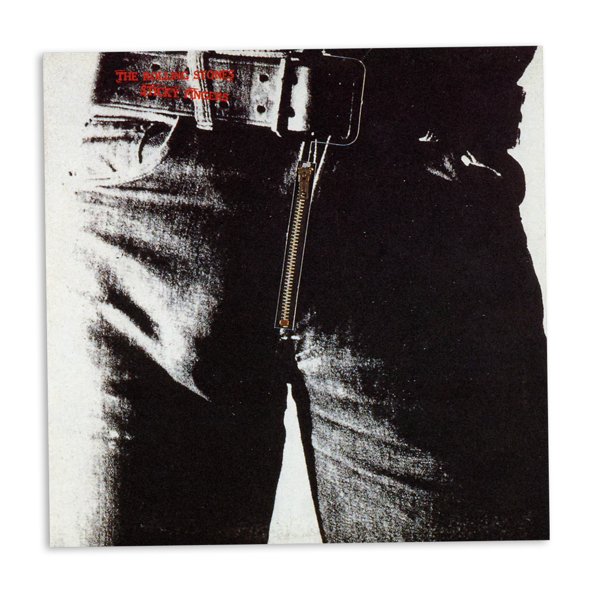 Album cover design by Andy Warhol for The Rolling Stones' album ‘Sticky Fingers’ in 1971, depicting a man's groin-area in jeans. The zipper of the jeans is a real, three-dimensional zipper, and the title of the album is written in red in the top left.