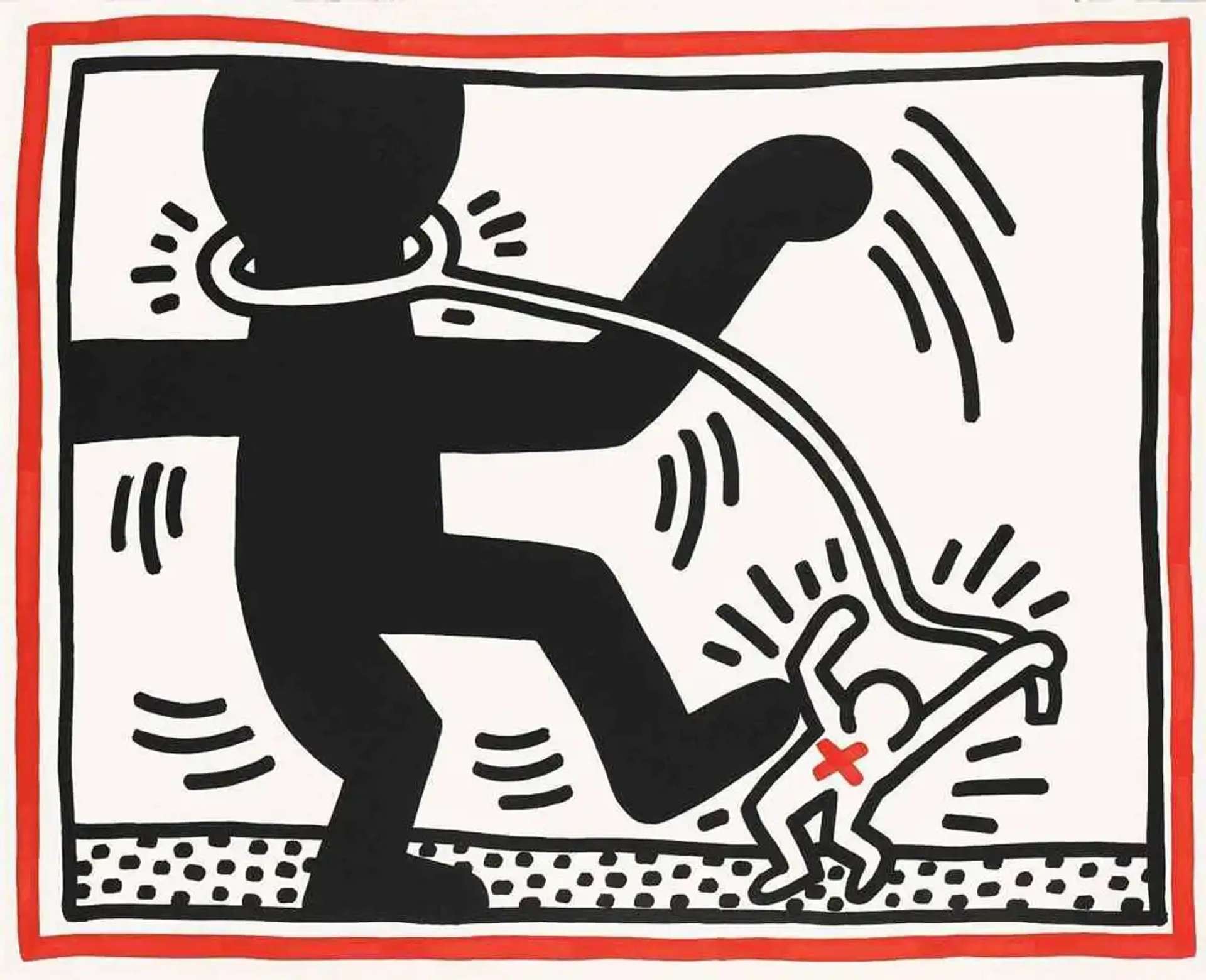 A black figure raising its foot, stepping on the outline of a white figure in the style of Pop Art.