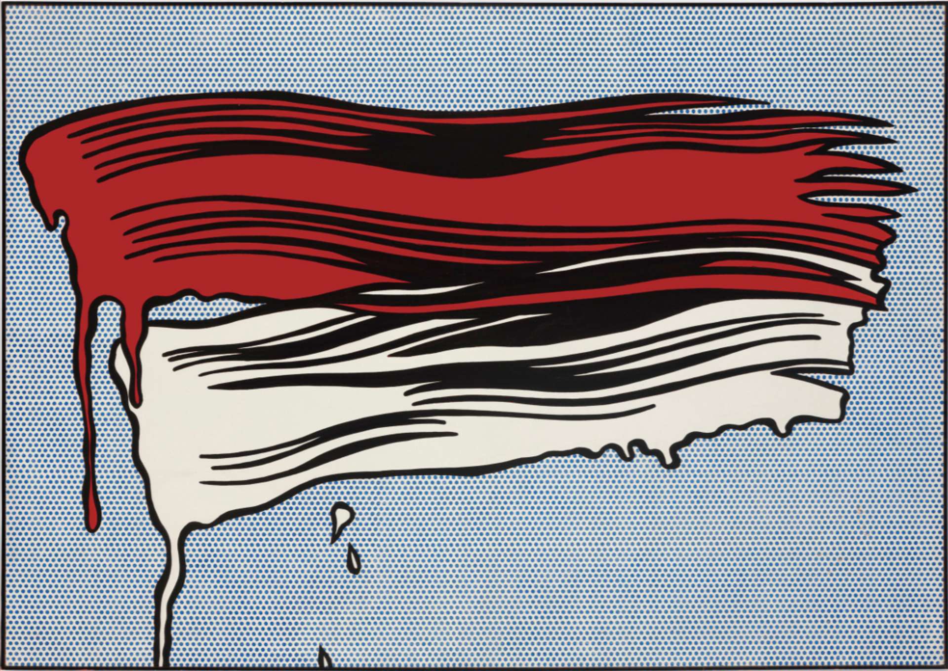 An image of the painting Red and White Brushstrokes by Roy Lichtenstein. It shows two graphic-style brushstrokes, one red and one white, against a background of blue Ben-Day dots.