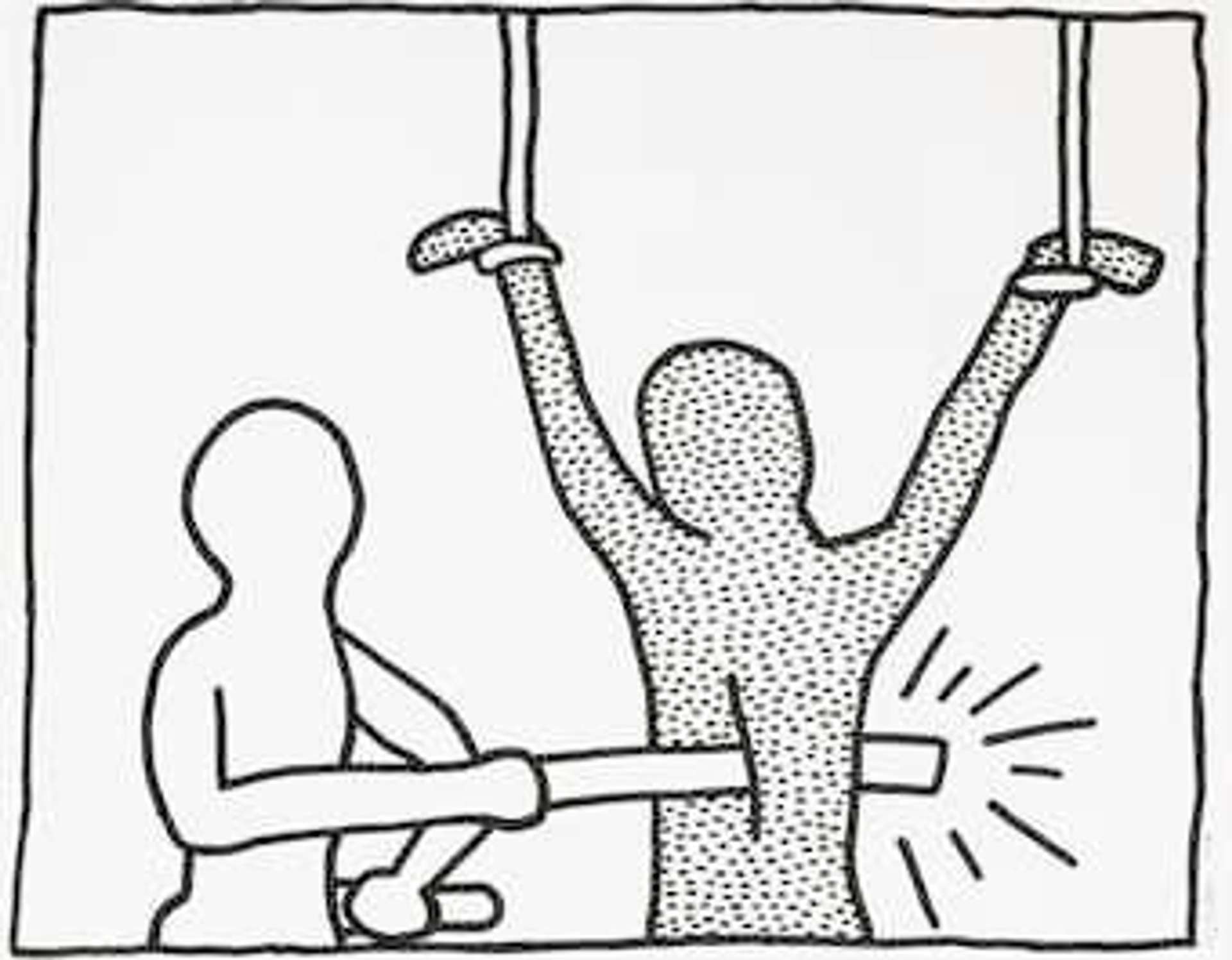 Keith Haring’s The Blueprint Drawings 7. A Pop Art screenprint of a black and white comic strip of a figure being stabbed in the abdomen.