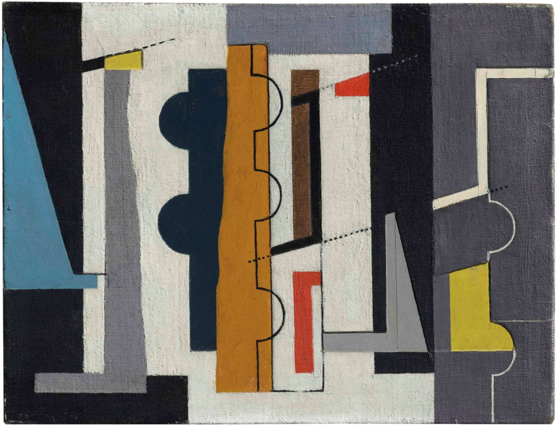 Abstract canvas with blues, black, grey, purple, and white, highlighted by pops of orange and yellow. The composition consists of vertical formations from right to left, divided into horizontal geometric shapes by overlapping black lines.
