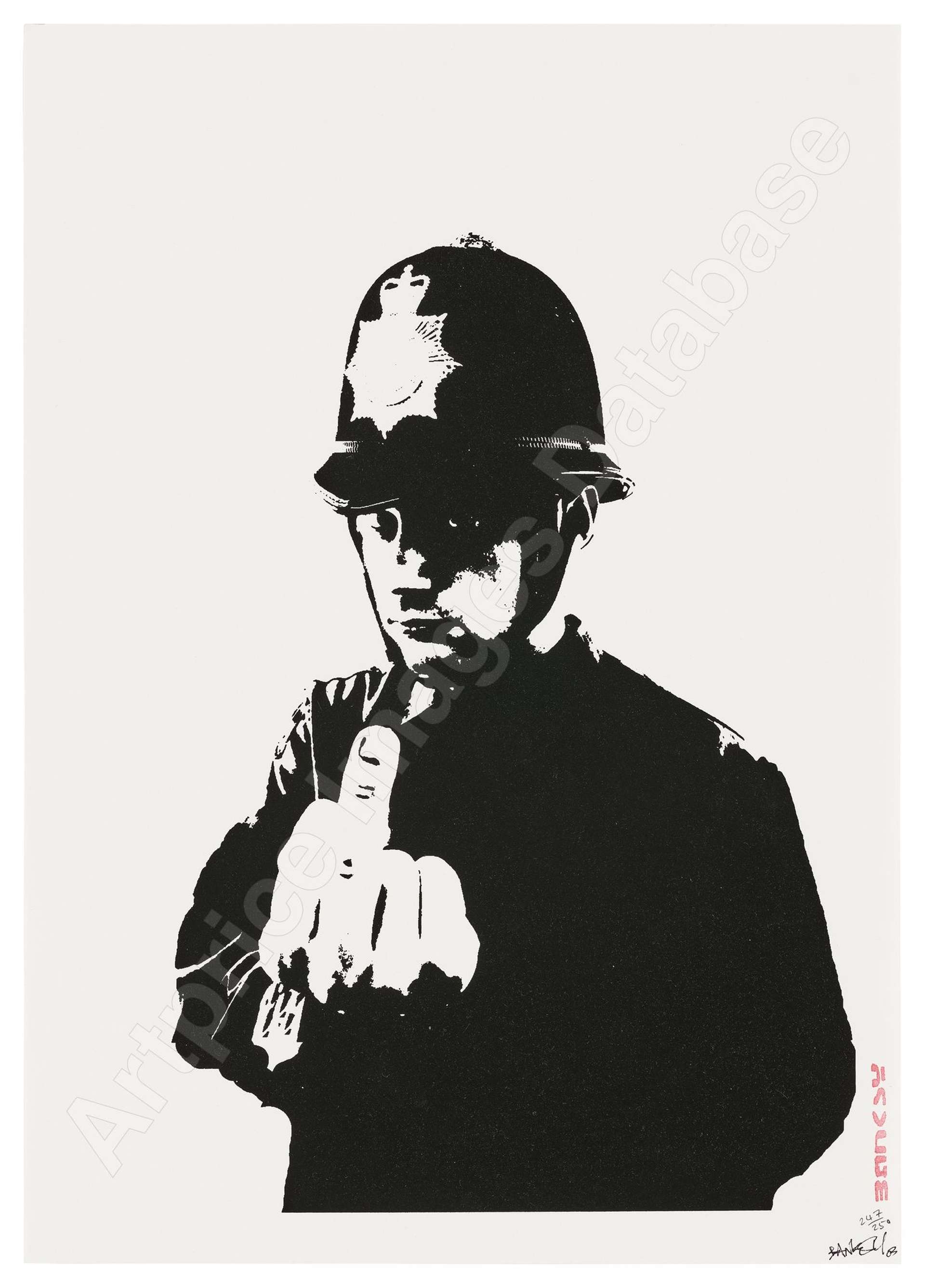  A black and white Banksy screenprint depicting a police officer in English police attire making an offensive hand gesture toward the viewer.