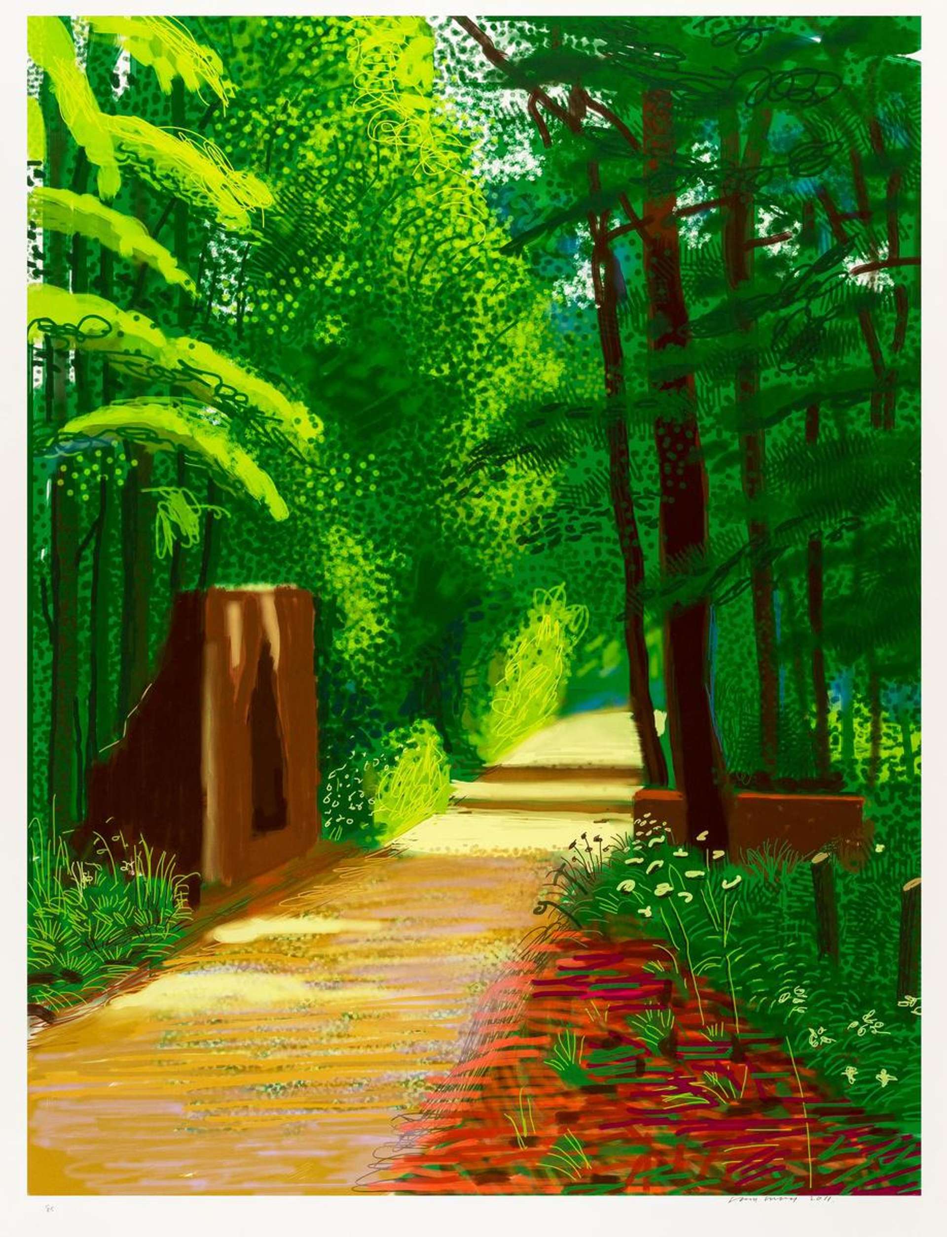 A digital print of a sunny path lined with bright green trees and red flowers.