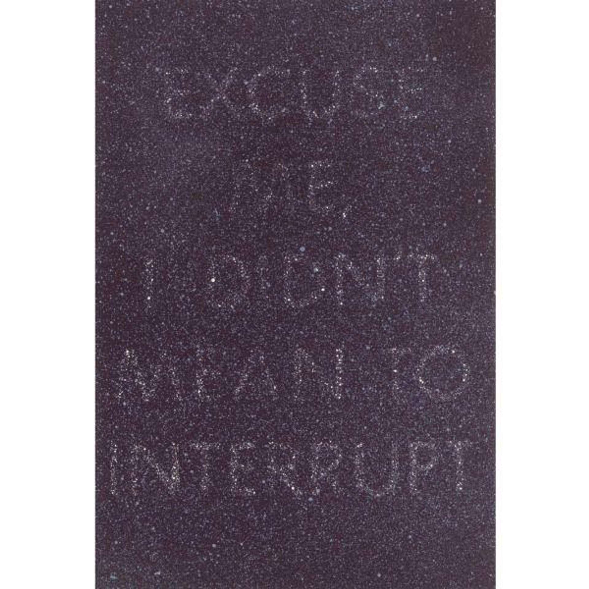 Colour lithograph by Ed Ruscha depicting the words 'EXCUSE ME, I DIDN'T MEAN TO INTERRUPT' in grainy white and light purple lettering, set against a deep indigo grainy background.