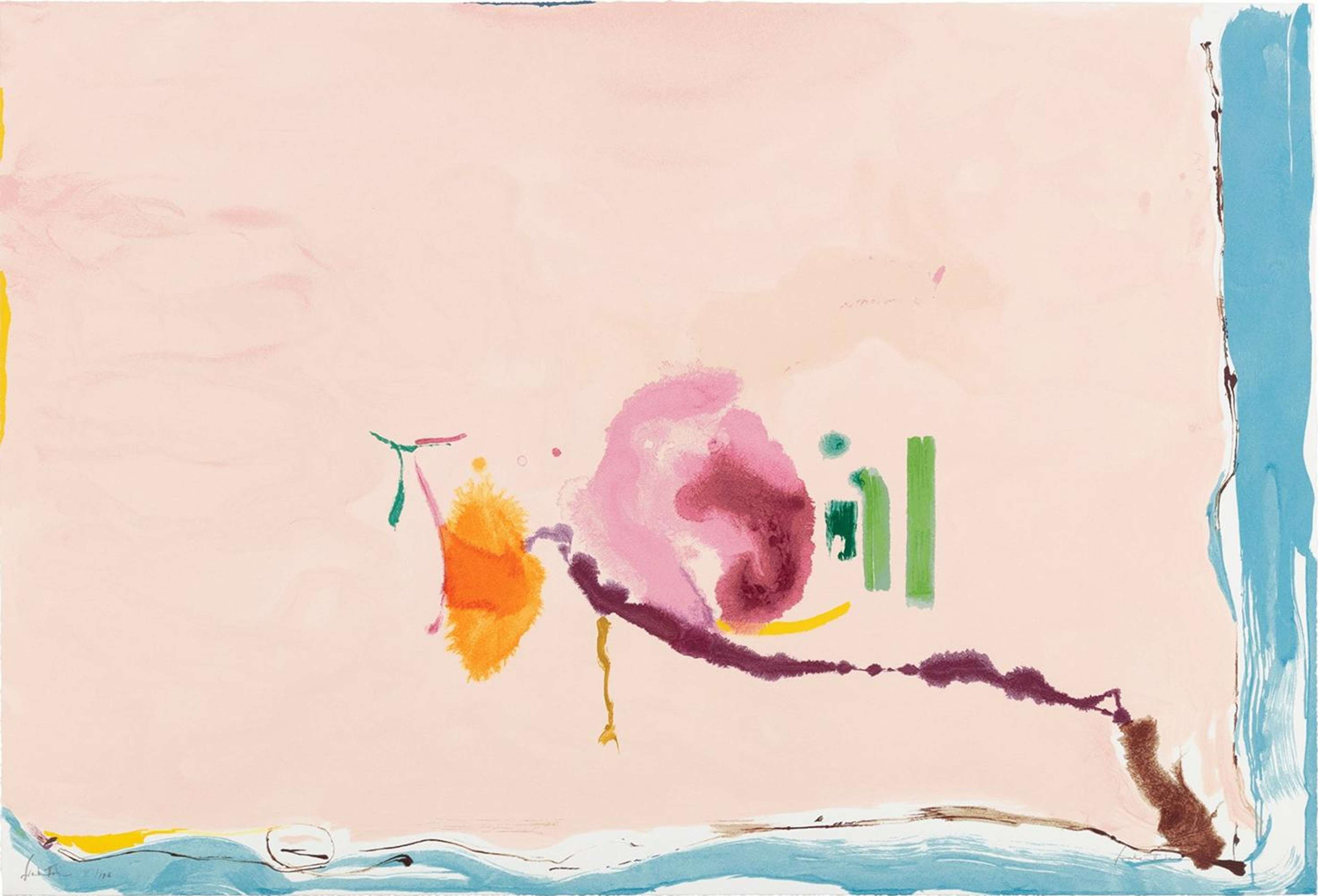 Helen Frankenthaler’s Flirt. An abstract expressionist screenprint of a landscape of a pink background with blue, red, and orange accents