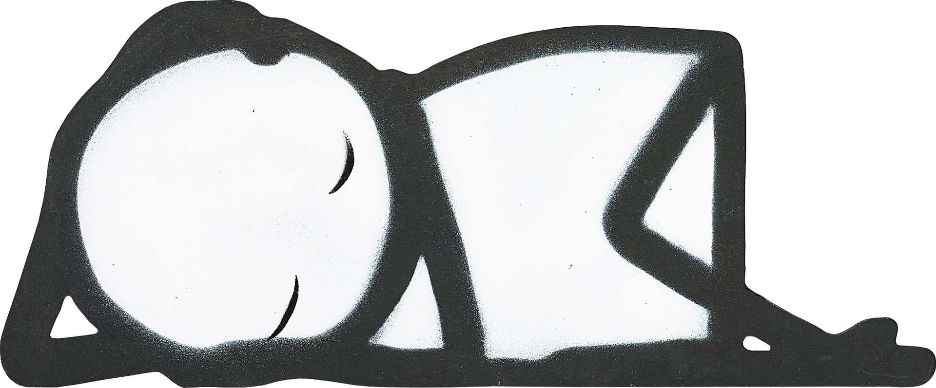 STIK’s Rough Sleeper. A spray painted artwork of a black outlined stick figure with a white body posed sleeping on their side against a white background.