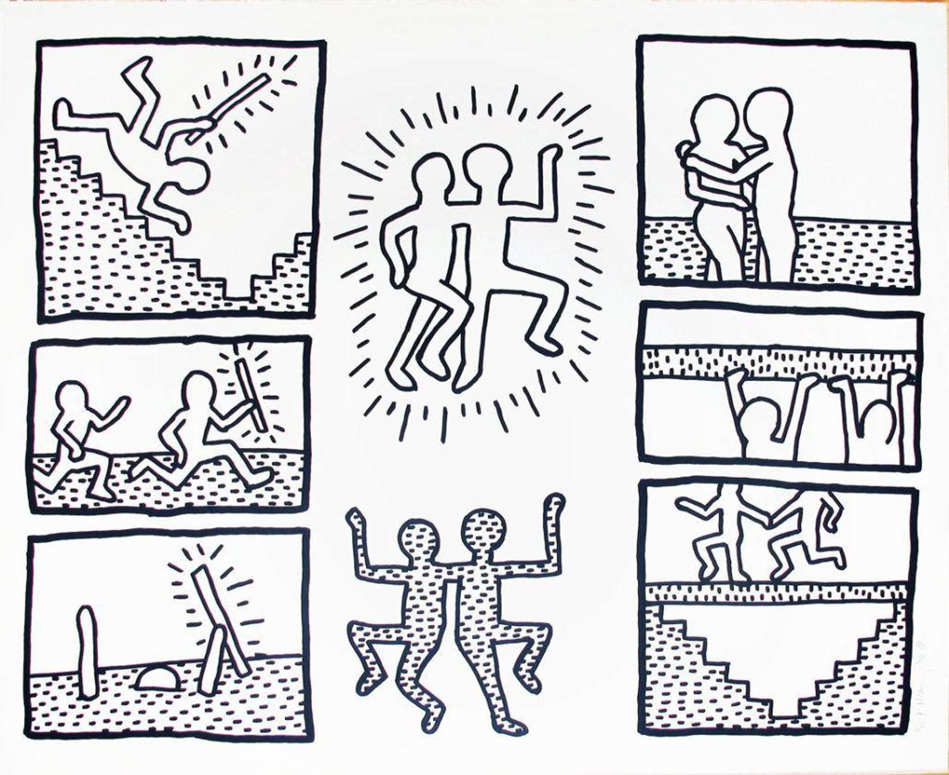 Keith Haring’s The Blueprint Drawings 6. A Pop Art screenprint of a black and white comic strip of various scenes including two figures dancing and embracing each other.