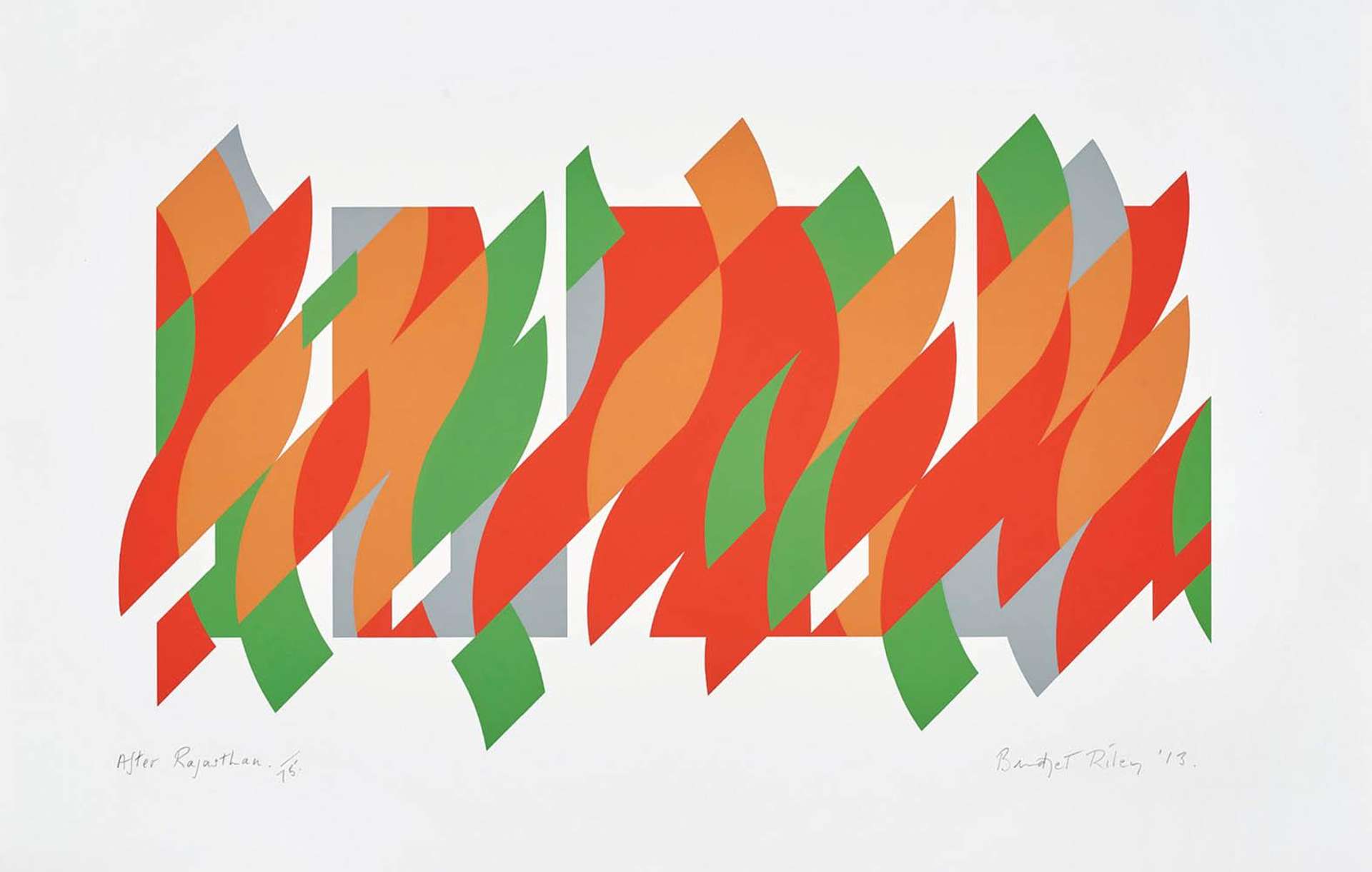 Bridget Riley’s After Rajasthan. An Op Art screenprint of combined green, red, orange, and grey geometric shapes against a white background.