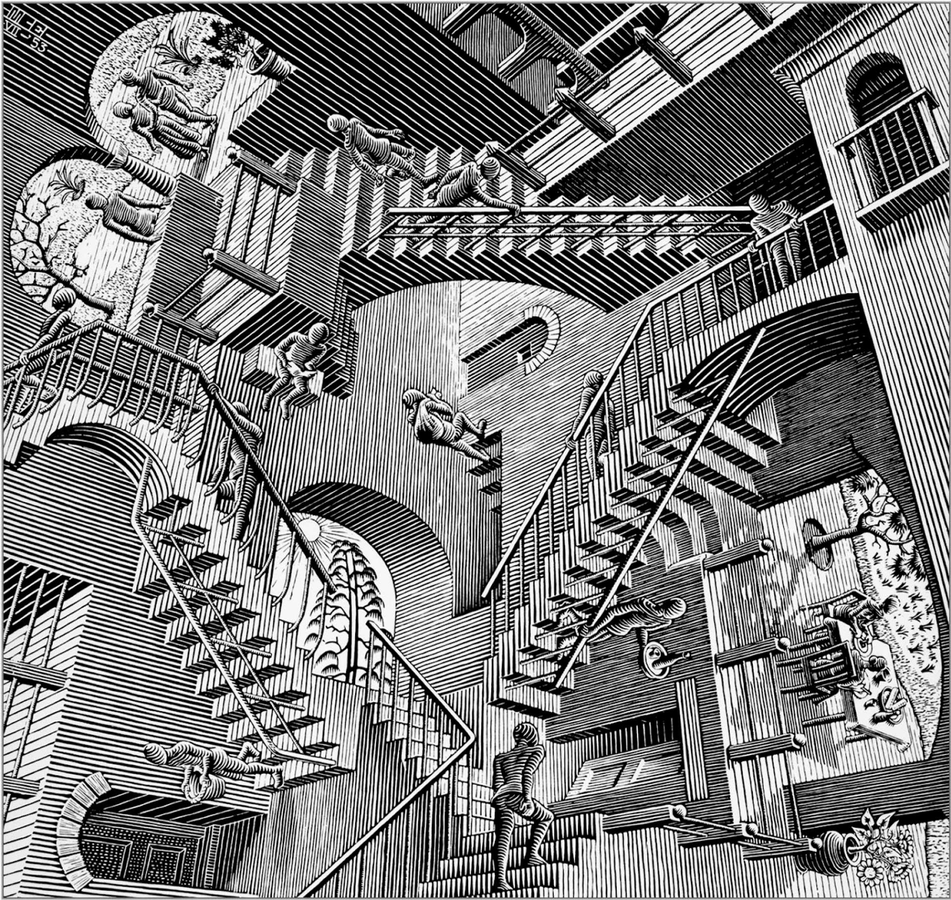 A lithograph print titled "Relativity" by M.C. Escher, 1953, featuring a complex, three-dimensional architectural structure composed of staircases, platforms, and doorways, inhabited by faceless figures in long robes. The structure appears to defy the laws of gravity and perspective, with staircases leading both up and down, and figures moving in different directions.