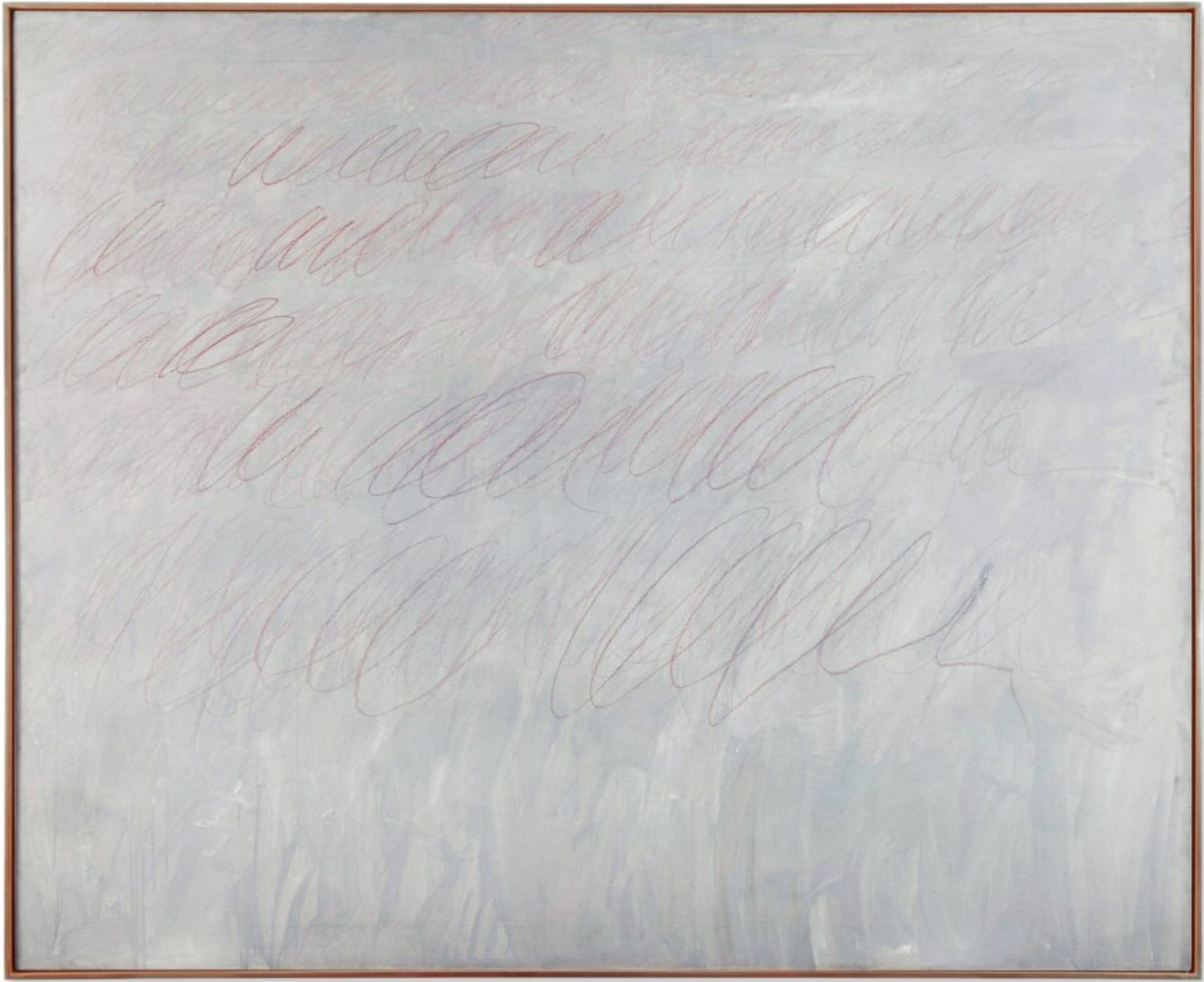 An oil based house paint and wax crayon work by Cy Twombly against a white background.