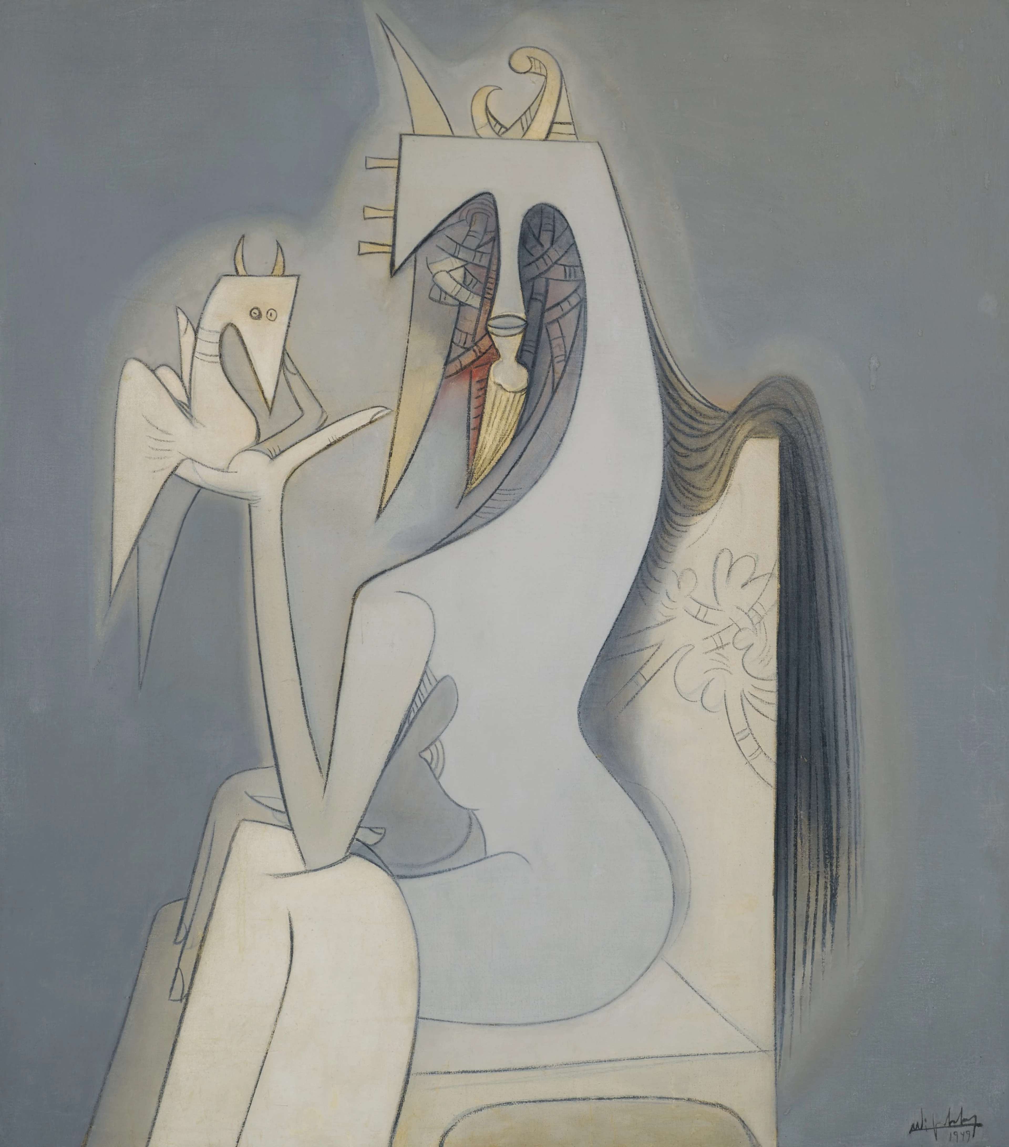 A vertical canvas showing a stylised pale female figure seated against a light grey background with a dragon-like bird perched in her hand. She supports the bird and her hand by resting her elbow on her knee. The composition features smooth, curved forms with subtle contours and limited colour palette, creating an elegant, mysterious presence that combines human and animal characteristics. She has a long face, with hints of red and yellow within the shadow there, and a long mane running down her back and over the back of her white chair.