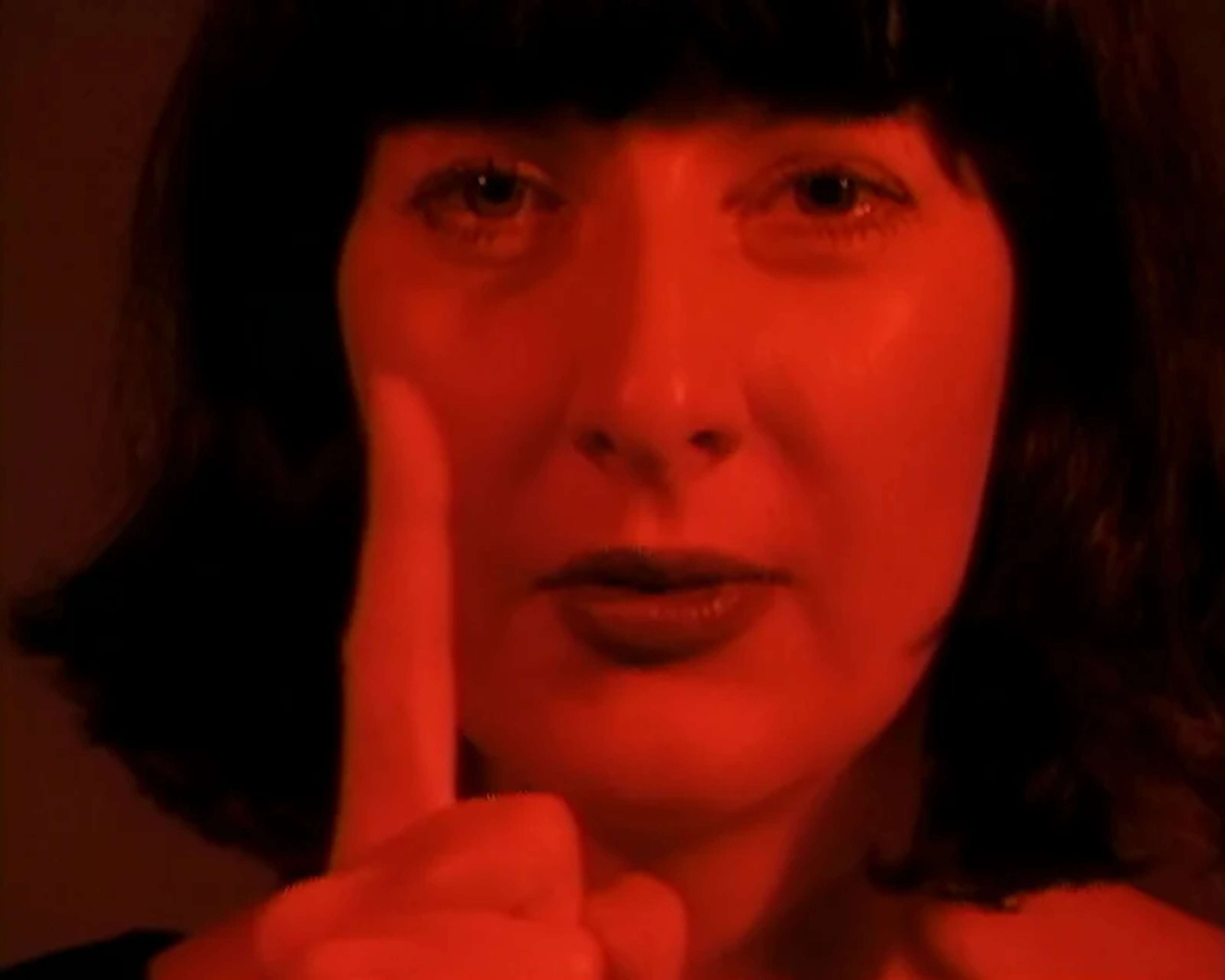 A red photographic portrait of artist Marina Abramović in red and black, with the artist gazing directly out at the viewer with a finger framing her face.