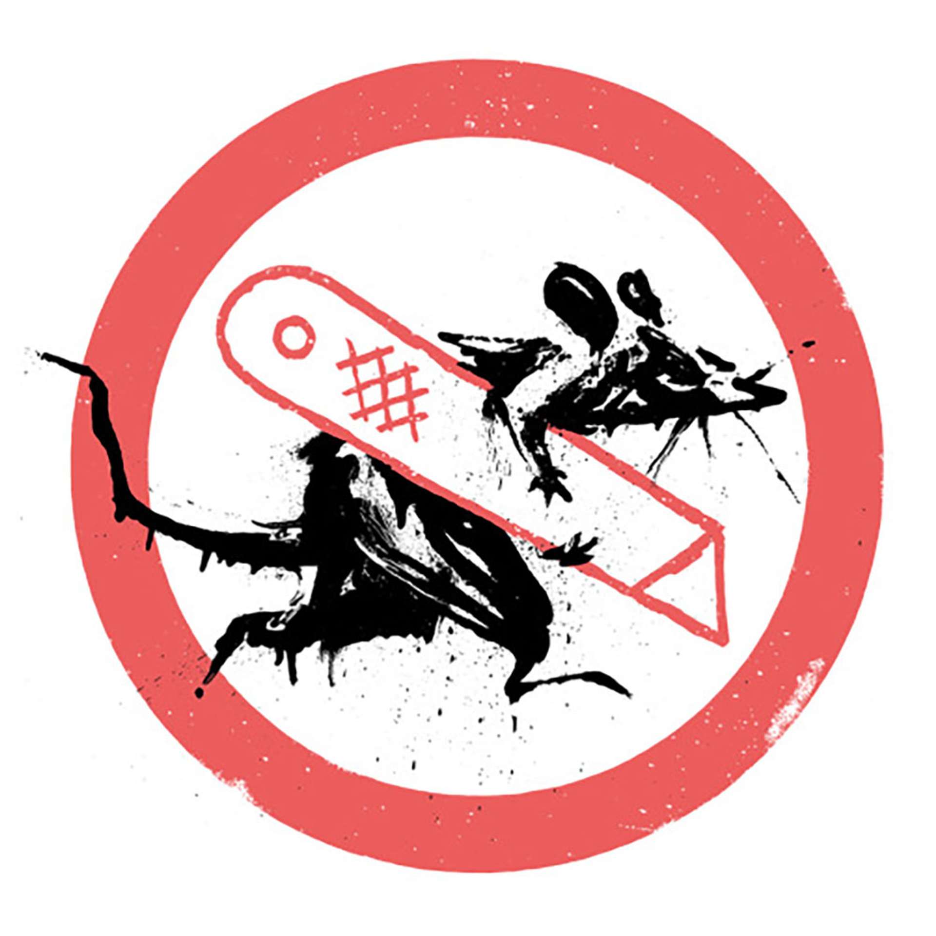 Banksy's exhibition logo for CUT & RUN, depicting a rat inside a red circle carrying a red craft knife.