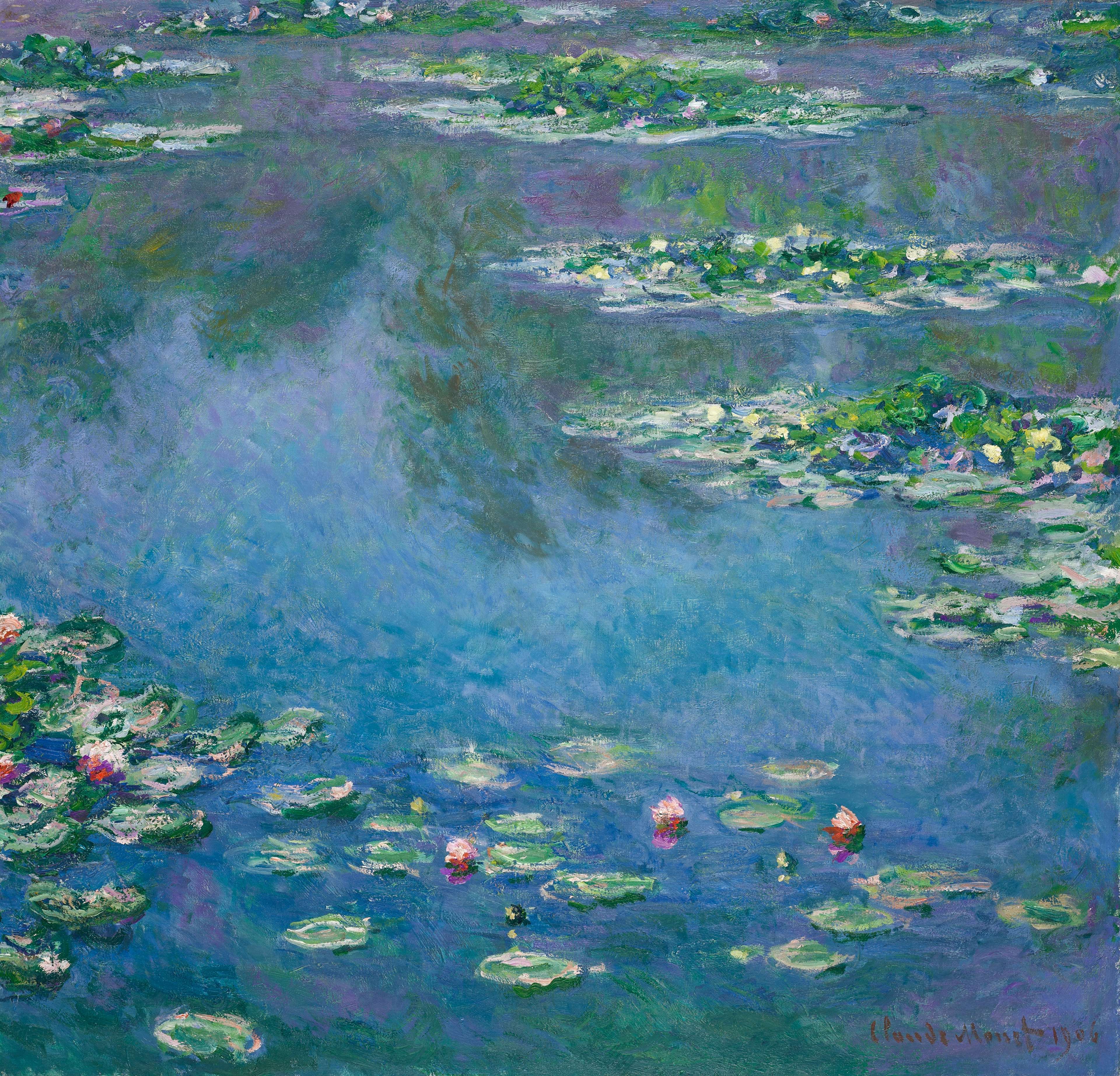 A shimmering pond filled with floating green lily pads and soft pink blossoms reflects blue sky and blurred foliage, rendered in loose, luminous brushstrokes.