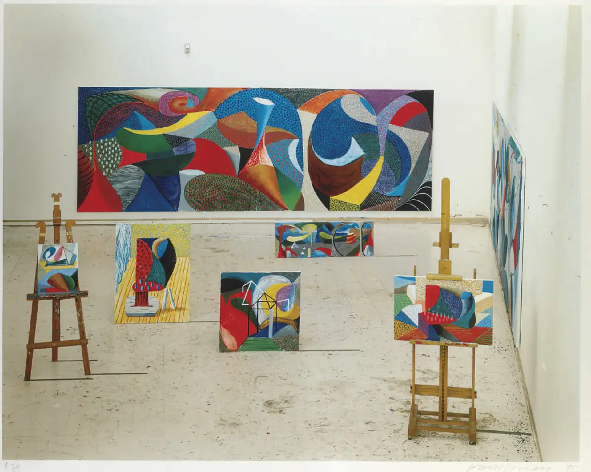 David Hockney’s The Studio, March 16th 1995. A digital print of the interior of David Hockney’s studio with multiple artworks on display.