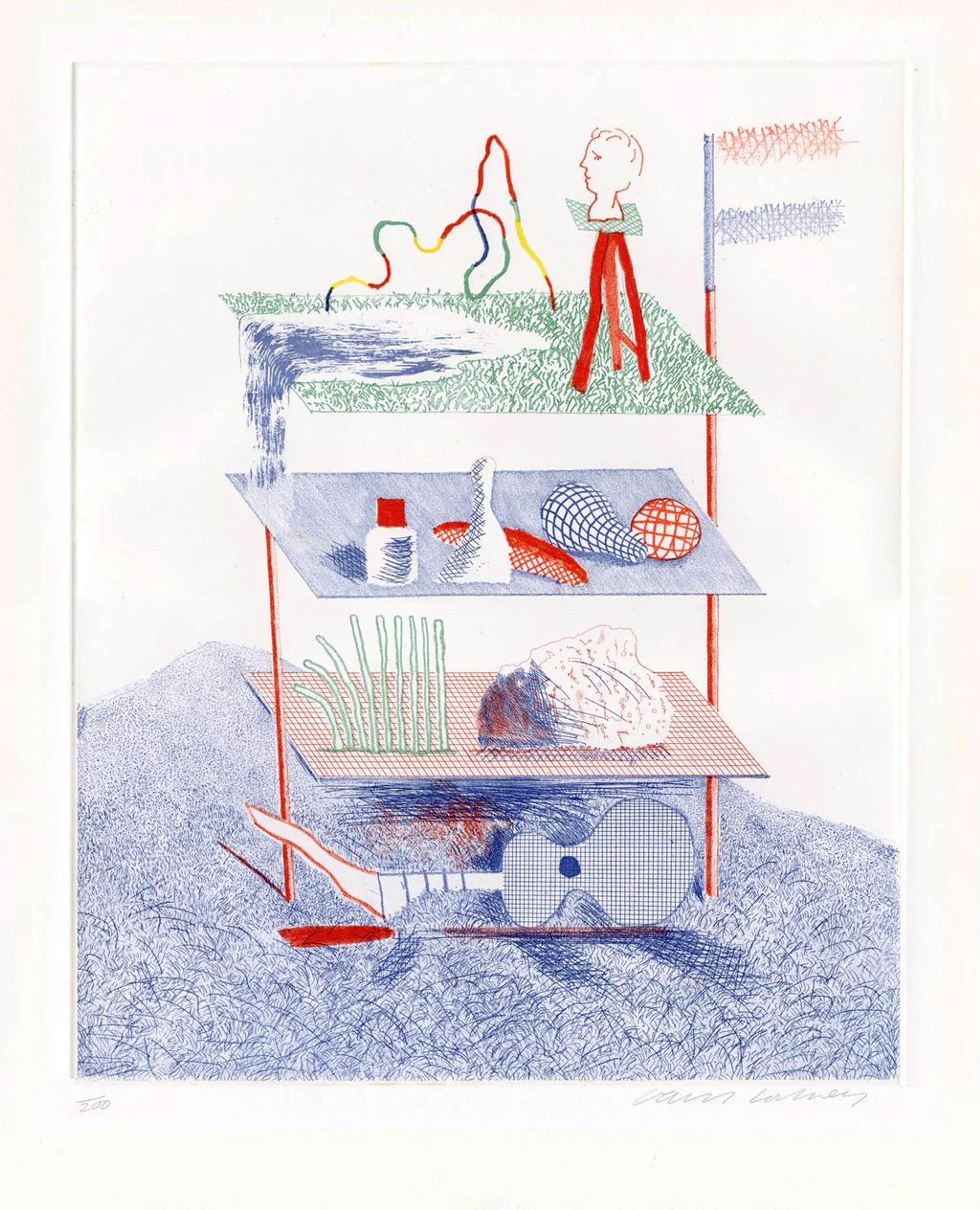 David Hockney’s Serenade. An etching of a shelving unit storing instruments, sculptures, and other found objects.