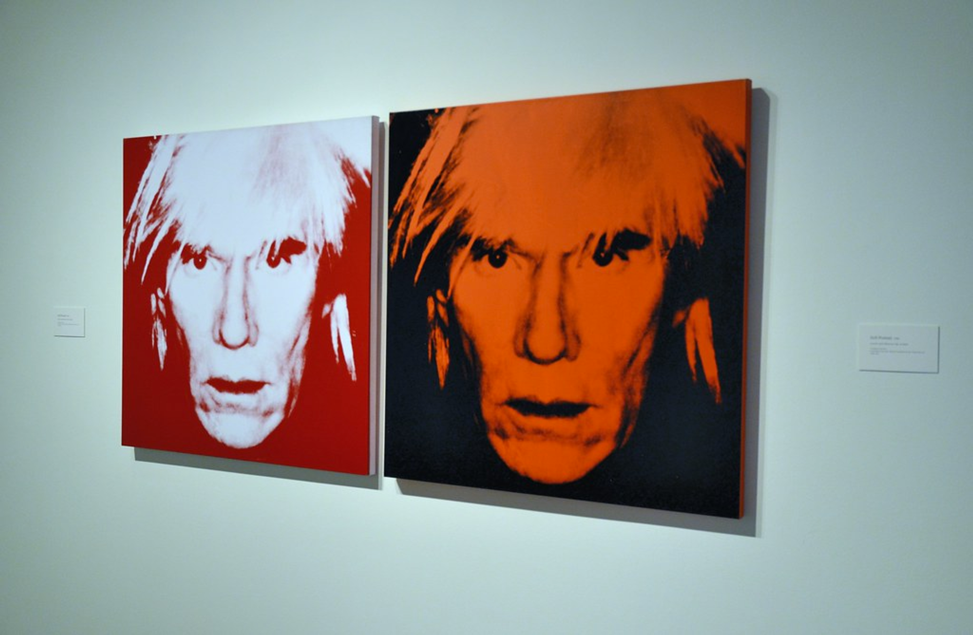 A diptych of portraits of Andy Warhol, close up to the camera. On the left, he is depicted in light blue and red; on the right, in orange and black. His lips are slightly parted and he is staring into the camera.