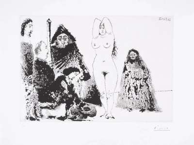 Young Man Kneeling before Nude With Procuress And Others - Signed Print by Pablo Picasso 1968 - MyArtBroker