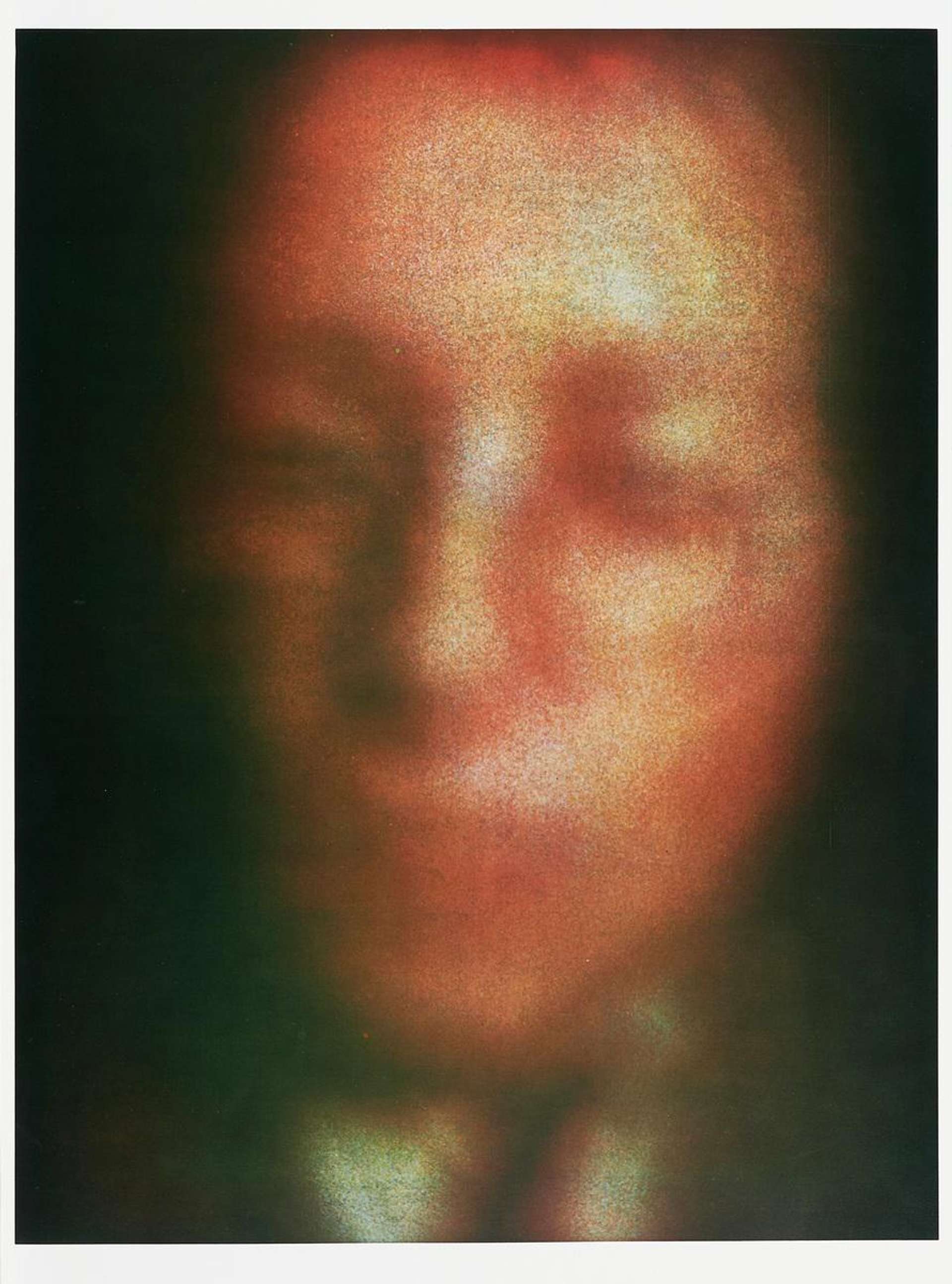 Gerhard Richter’s Heiner Friedrich. A lithograph of a burred photograph of someone with their eyes closed.