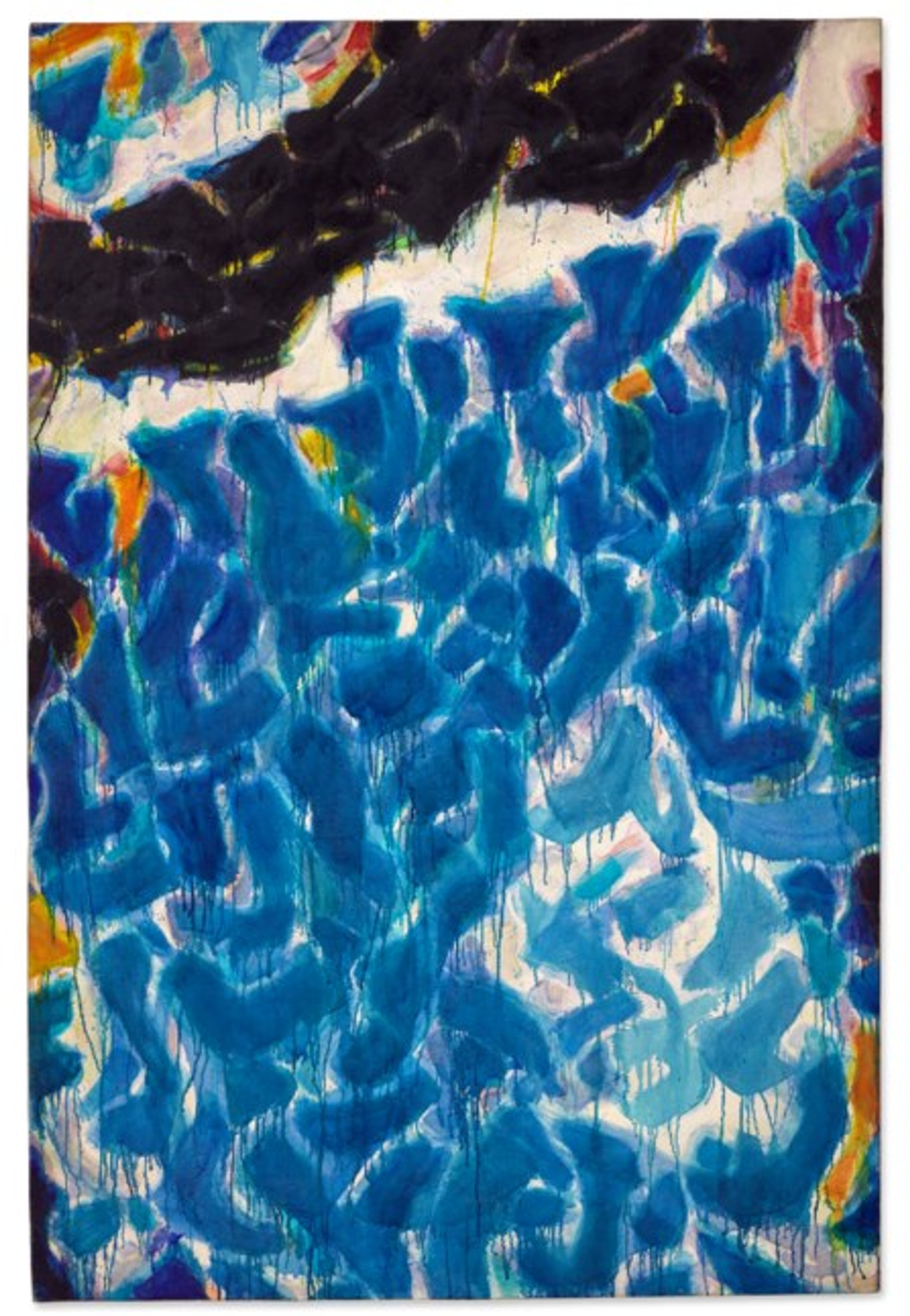 An abstract painting dominated by bright shades of blue forming individual cellular shapes, each with paint dripping vertically from them. At the top, a black area contrasts sharply with the blue, while hints of yellow, orange, red, and purple peek through gaps between the cellular forms.