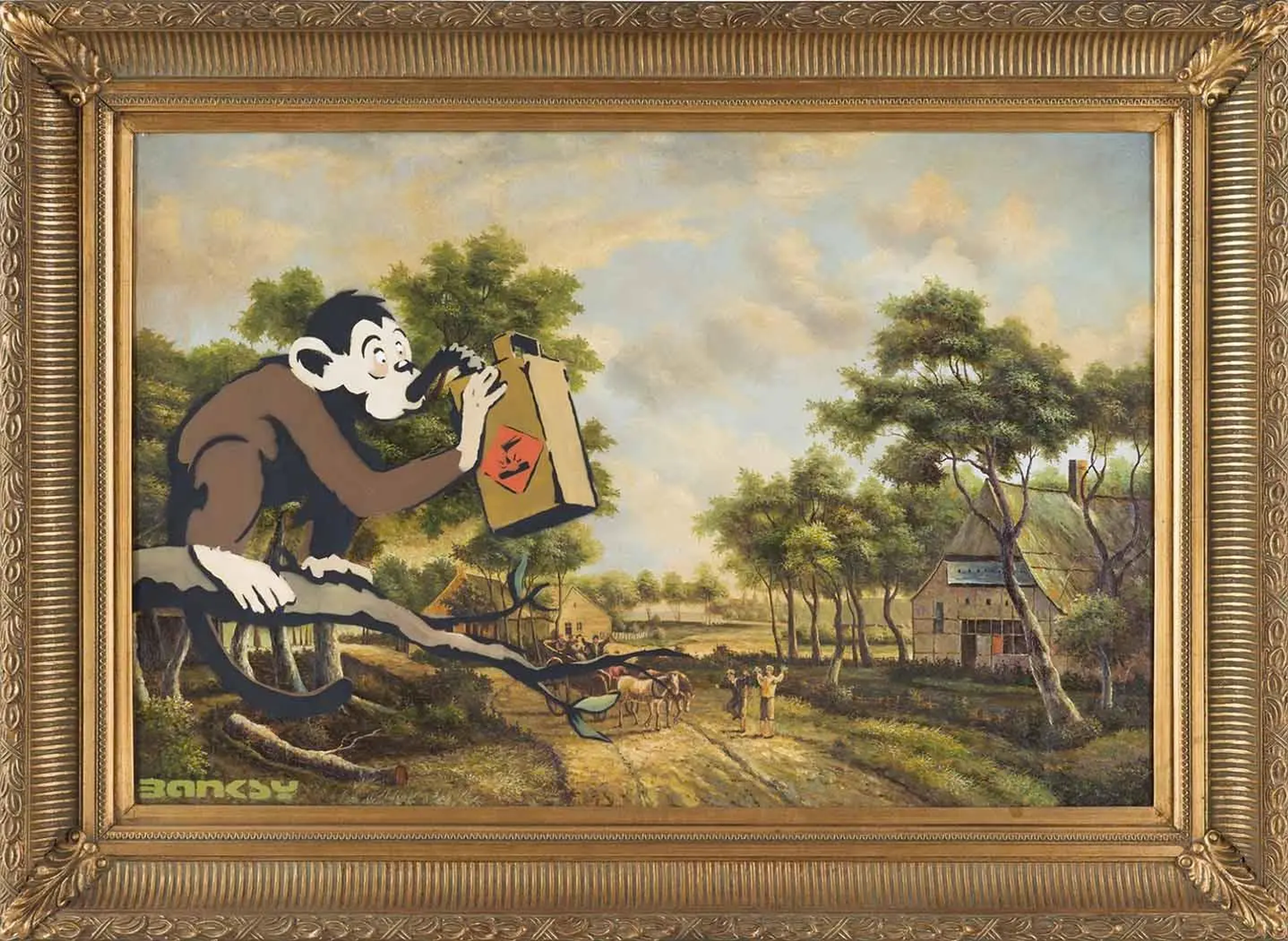 Sitting on a branch of a tree, a monkey is seen drinking gasoline from a carton labelled with a flammable sign. With its eyes wide-open, the creature appears unaware of the poisonousness of the fuel and, by extension, the self-induced harm. Imposed on an idyllic rural scenery that is the subject matter of the found oil painting, the stencilled image of the monkey embodies the corrupted nature of the modern world. 