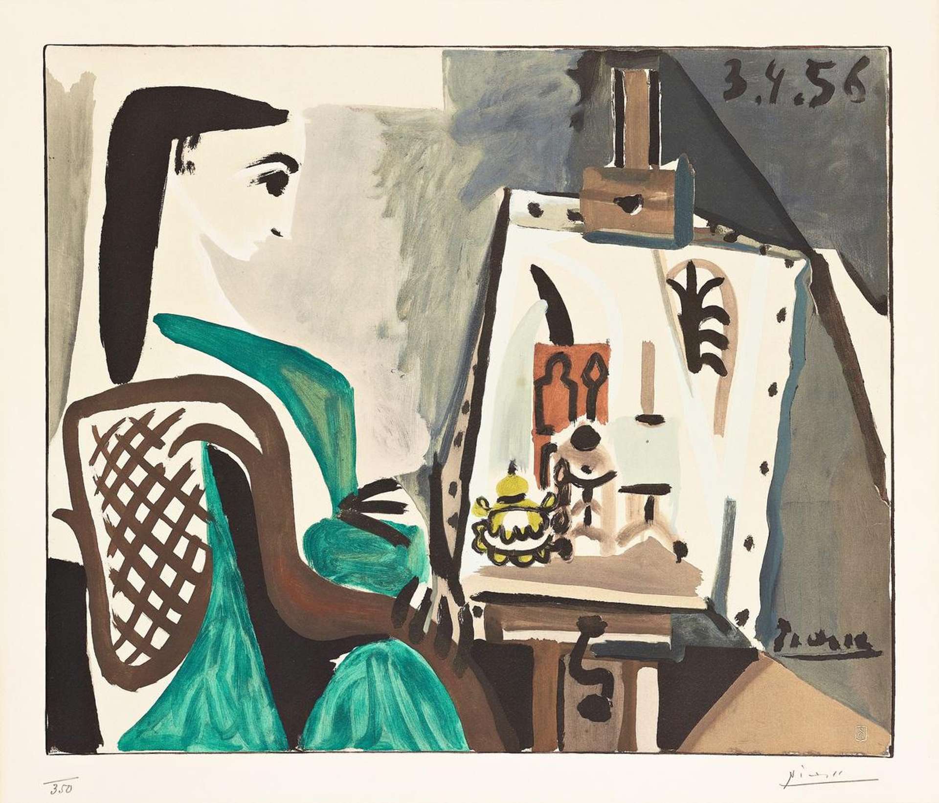 In this print, a woman is shown in an atelier and gazing at a canvas. She is depicted in geometric, angular shapes, characteristic of Picasso's cubist style.