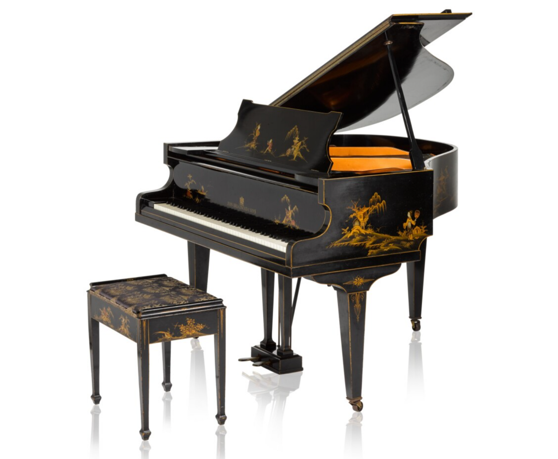 A grand piano in a black lacquered and chinoiserie case by John Broadwood & Sons, owned by Freddie Mercury.