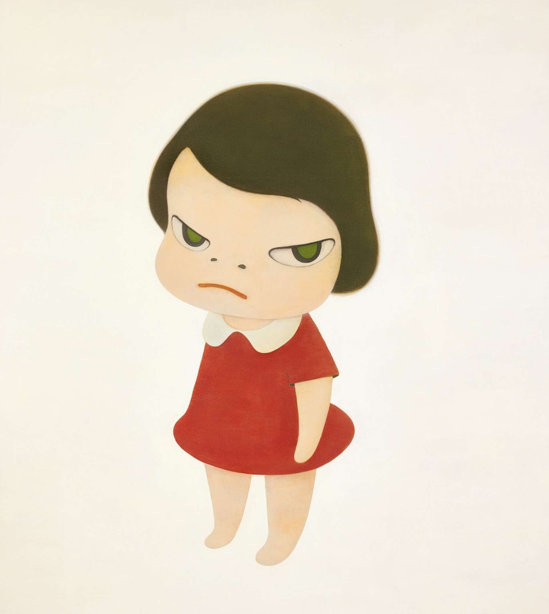 An image of a cartoon brunette girl, wearing a red dress with a white collar. Her expression is menacing, and she has one hand behind her back.