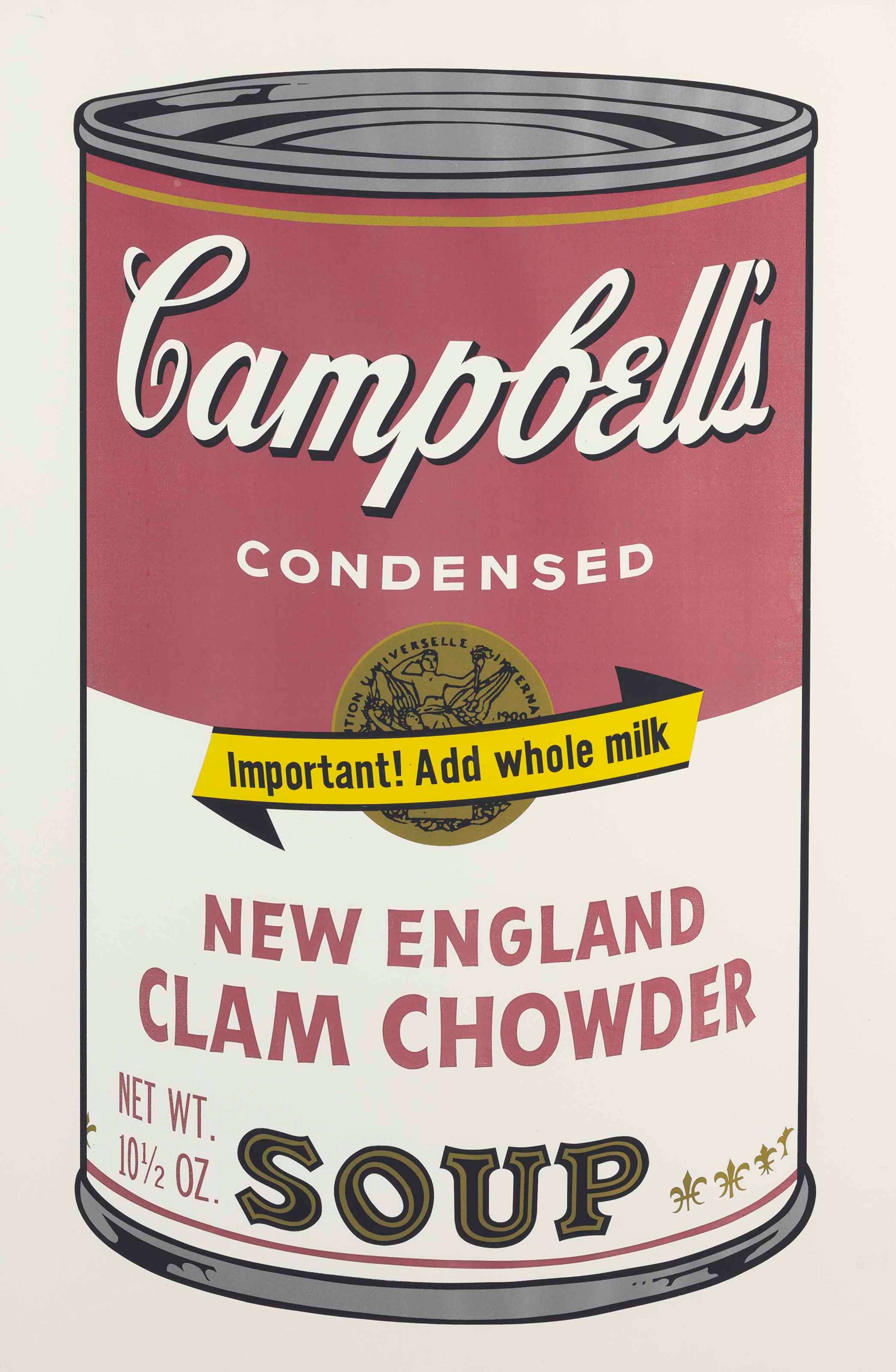 A can of Campbell’s clam chowder soup in the style of Pop Art.