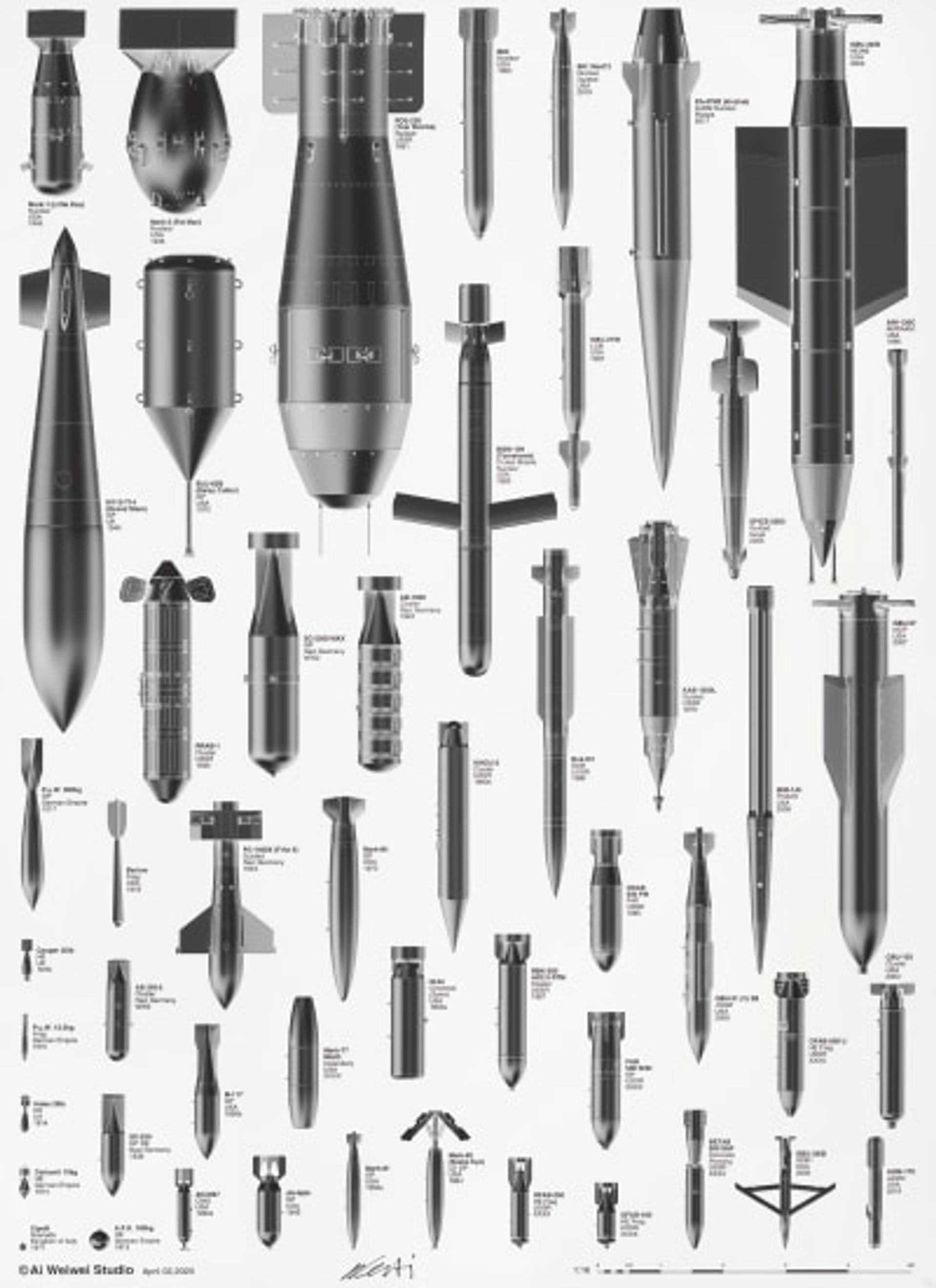 Several bombs of various sizes in black and white print
