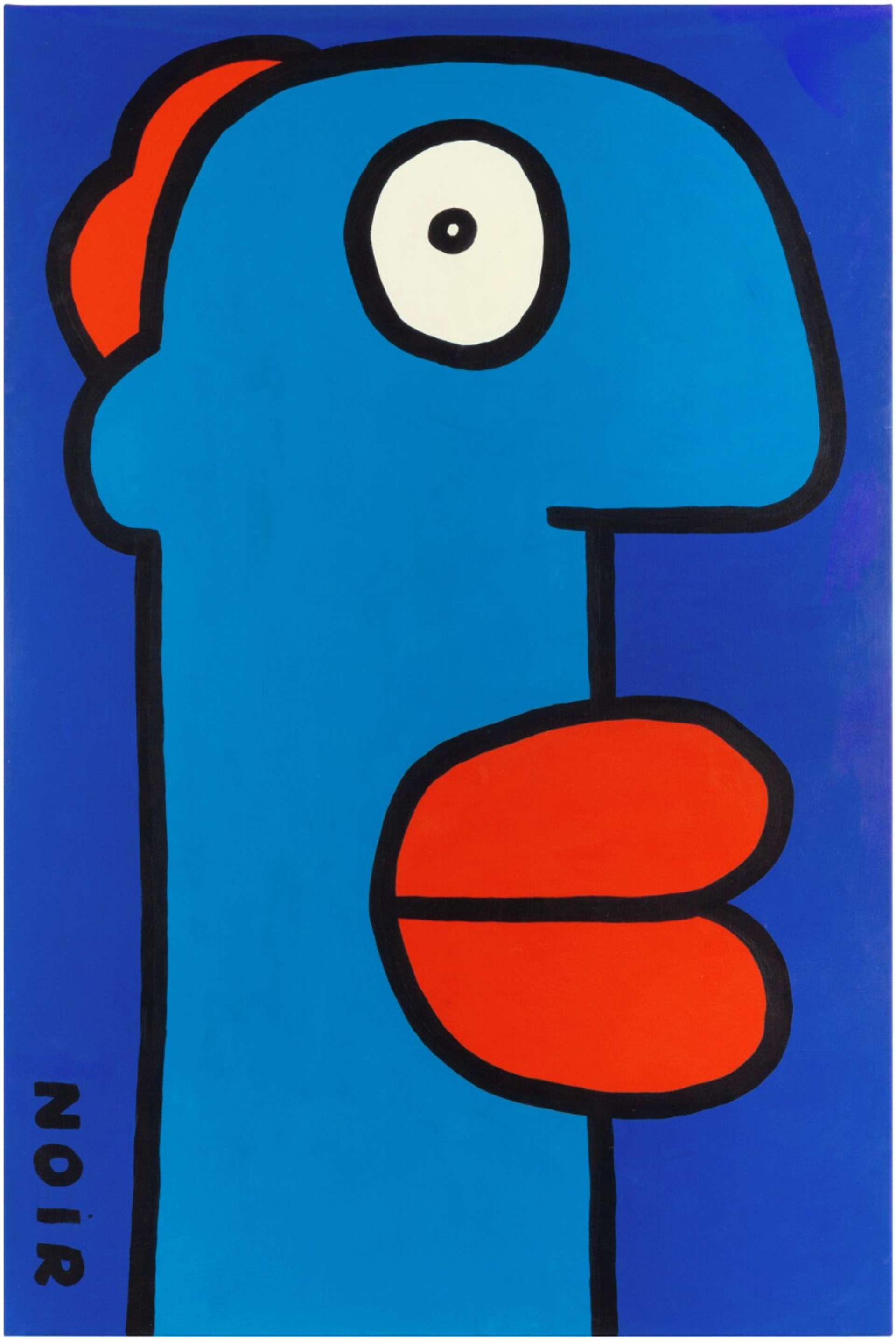An abstracted canvas with prominent shades of blue. A side-profiled caricature is drawn in thick, bold black lines, creating an enlarged and exaggerated face using abstracted colors. The figure features exaggerated red lips, a small patch of red hair, and one white eyeball.