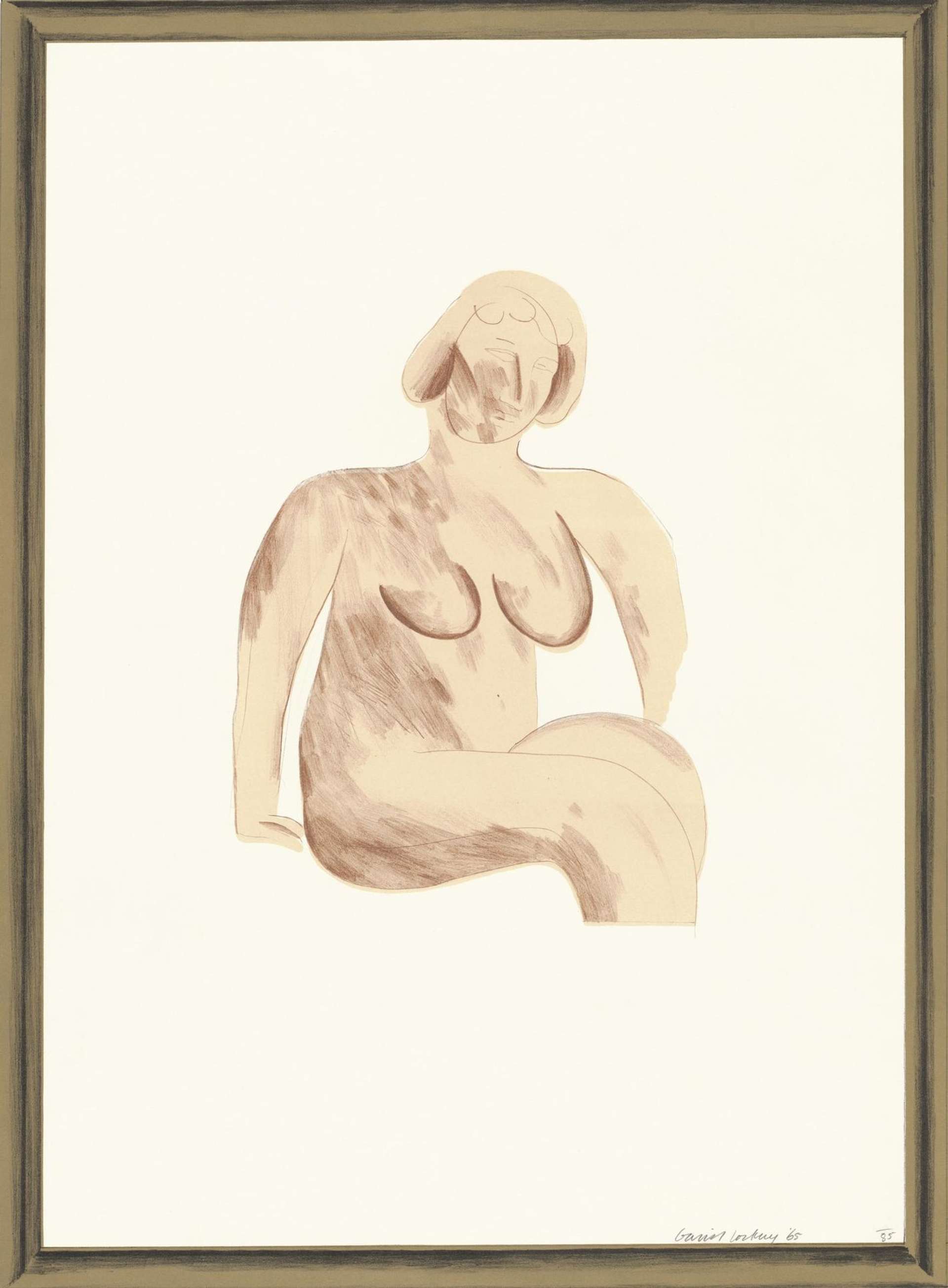 David Hockney’s Picture of A Simple Framed Traditional Nude Drawing. A lithograph of a nude woman seated with her gaze pointed down. 