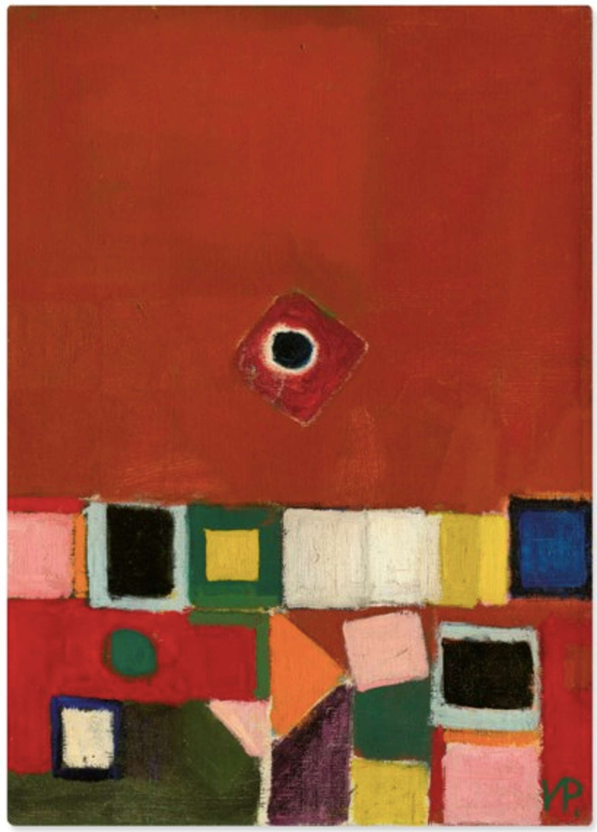  A red-washed abstract painting with geometric shapes in different colours at the bottom, while a small black circle outlined in white sits at the centre of the upper red section.