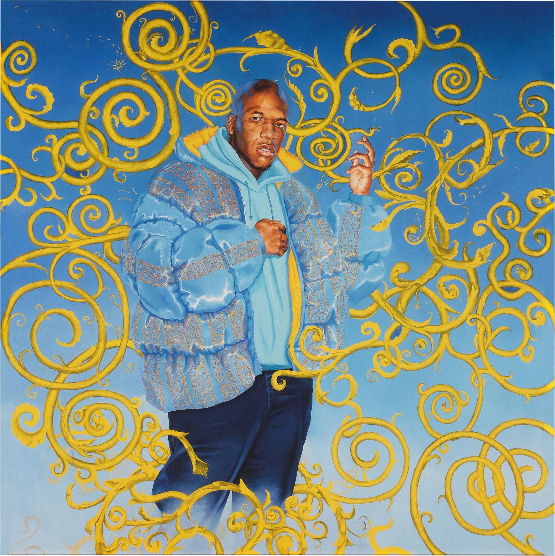 A portrait by Kehinde Wiley showing a young man wearing a puffer jacket, set against a light blue background with yellow motifs around the figure.