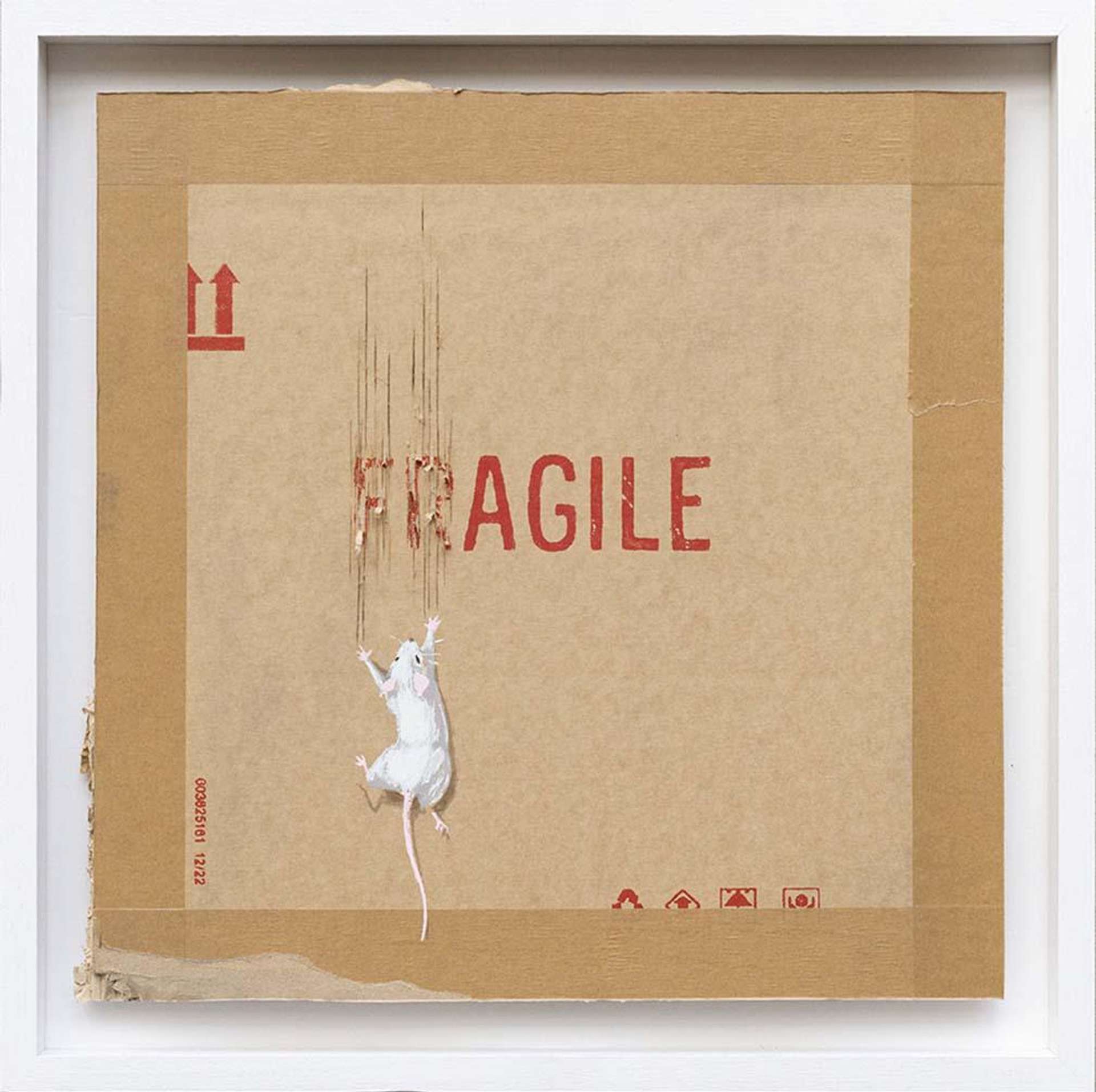 An image of the artwork Agile by Banksy, which depicts a white rat attempting to keep himself from sliding down a cardboard box that says “Fragile”.