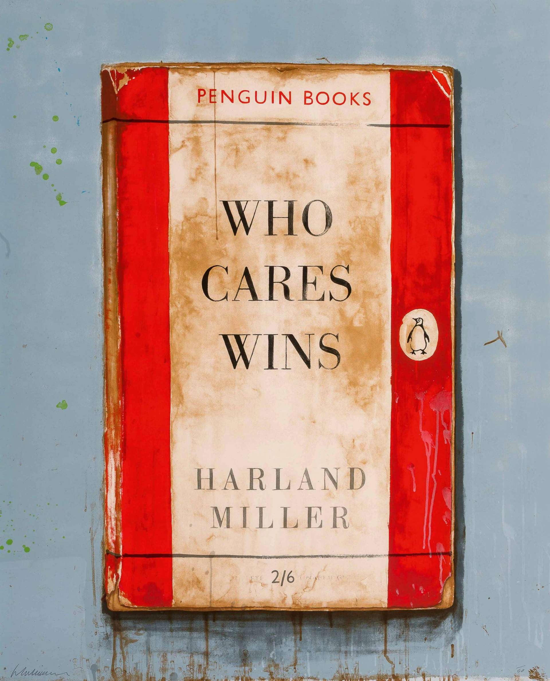 The screen print depicts a vintage Penguin book cover at the centre of the composition. Against a steel-coloured background, the red and white book appears worn, with water stains which seep from the bottom of the book into the bottom of the composition. On the book cover is the title: ‘WHO CARES WINS’, with ‘PENGUIN BOOKS’ written in the top margin, and the artist's name ‘HARLAND MILLER’ in the bottom margin.