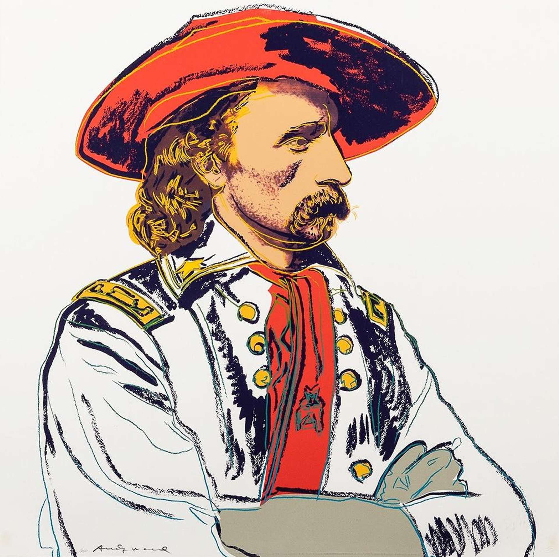 A screenprint by Andy Warhol depicting General Custer with a red hat and neck tie against a white background, looking out of the right side of the picture plane.