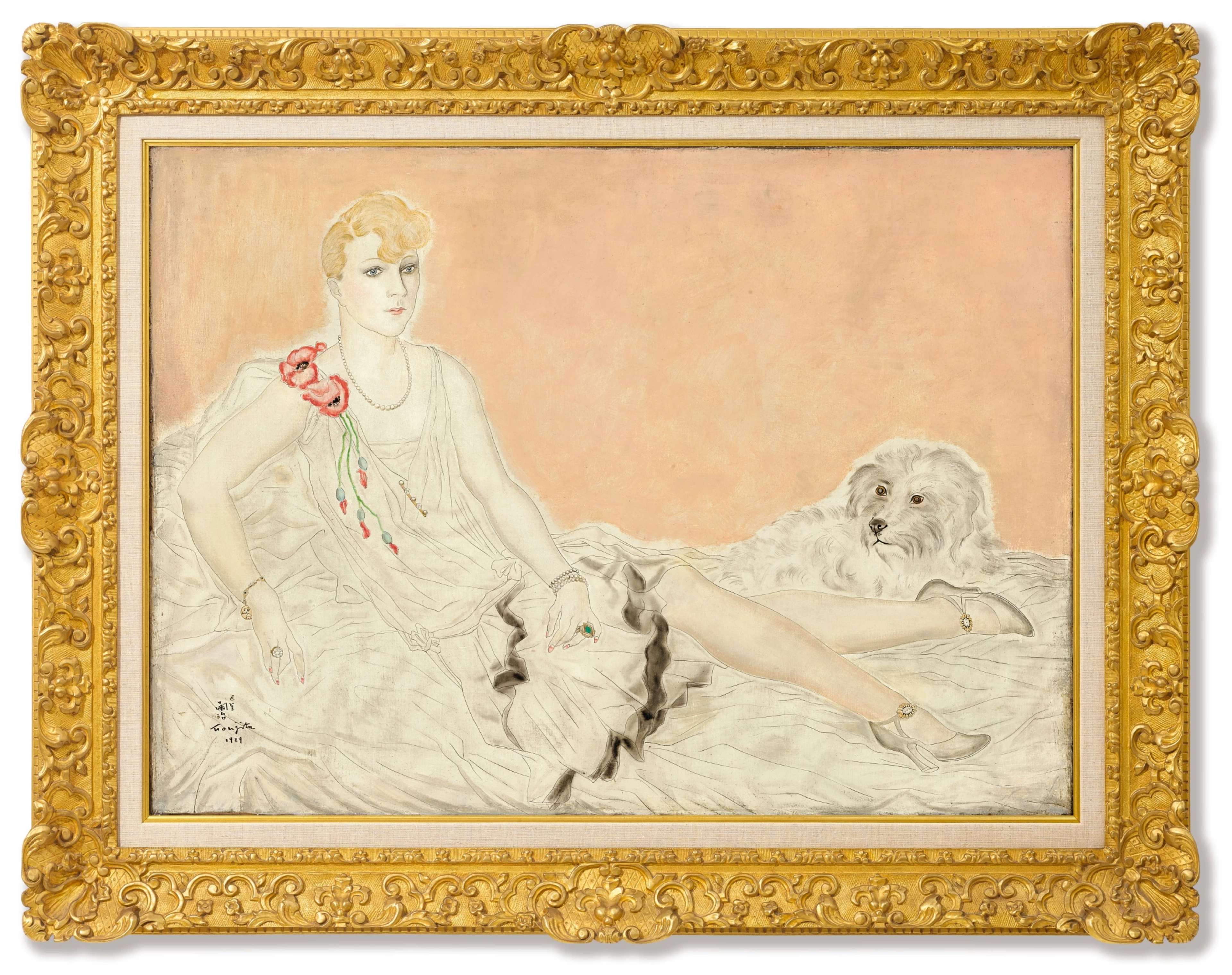 A painting of a young woman in elegant attire reclining on a white bedspread with a small dog beside her. The woman’s hair is blonde and cut short, with curls on her forehead. She has red flowers attached to one shoulder, and her white dress has a smokey black trim. She wears white heels. The background is a textured pale terracotta. The ripples in the fabric and the dog’s fur are carefully painted with fine lines and subtle shadow.