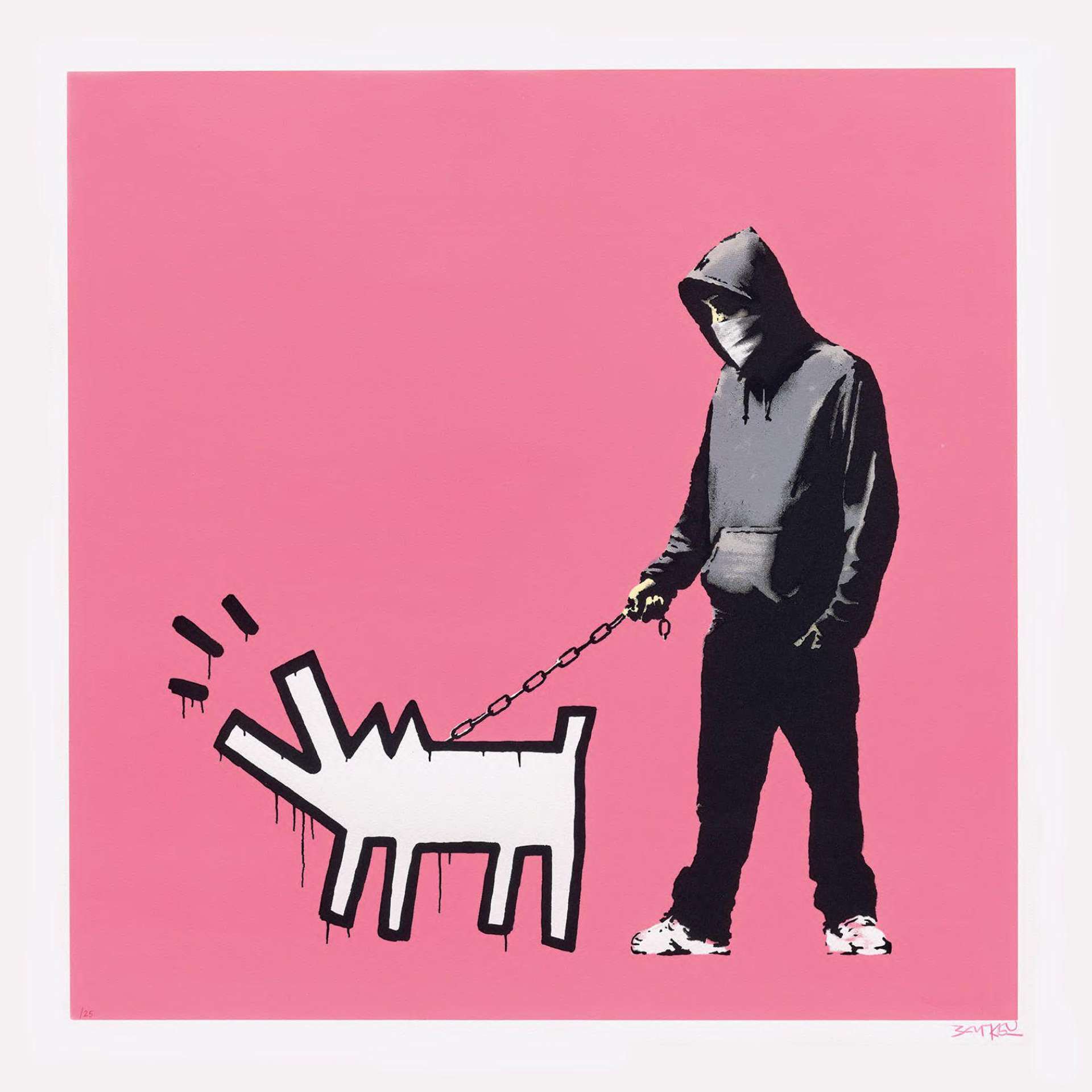 Banksy’s Choose Your Weapon. A man wearing a face covering and a hooded sweatshirt walking a Keith Haring style dog against a pink background.