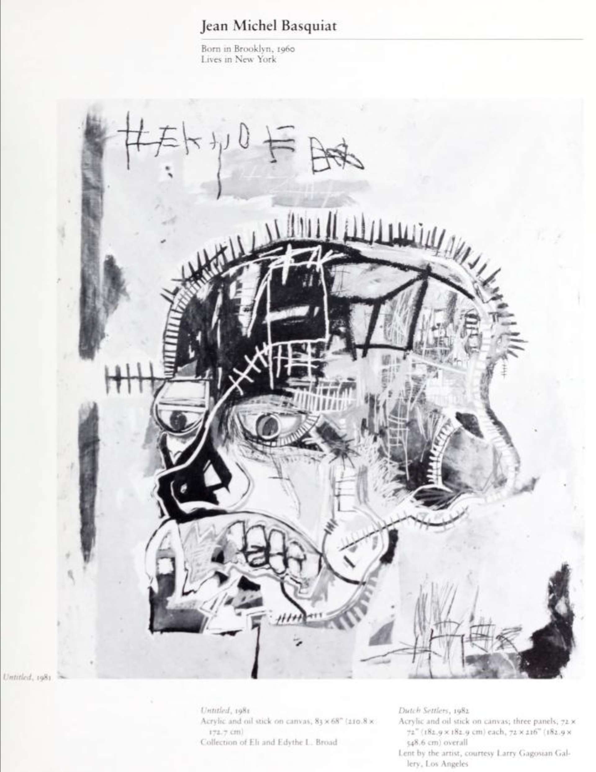 A black-and-white image of Basquiat’s page within the catalogue for the 1983 Whitney Biennial. It shows one of his skulls, Untitled (1981).