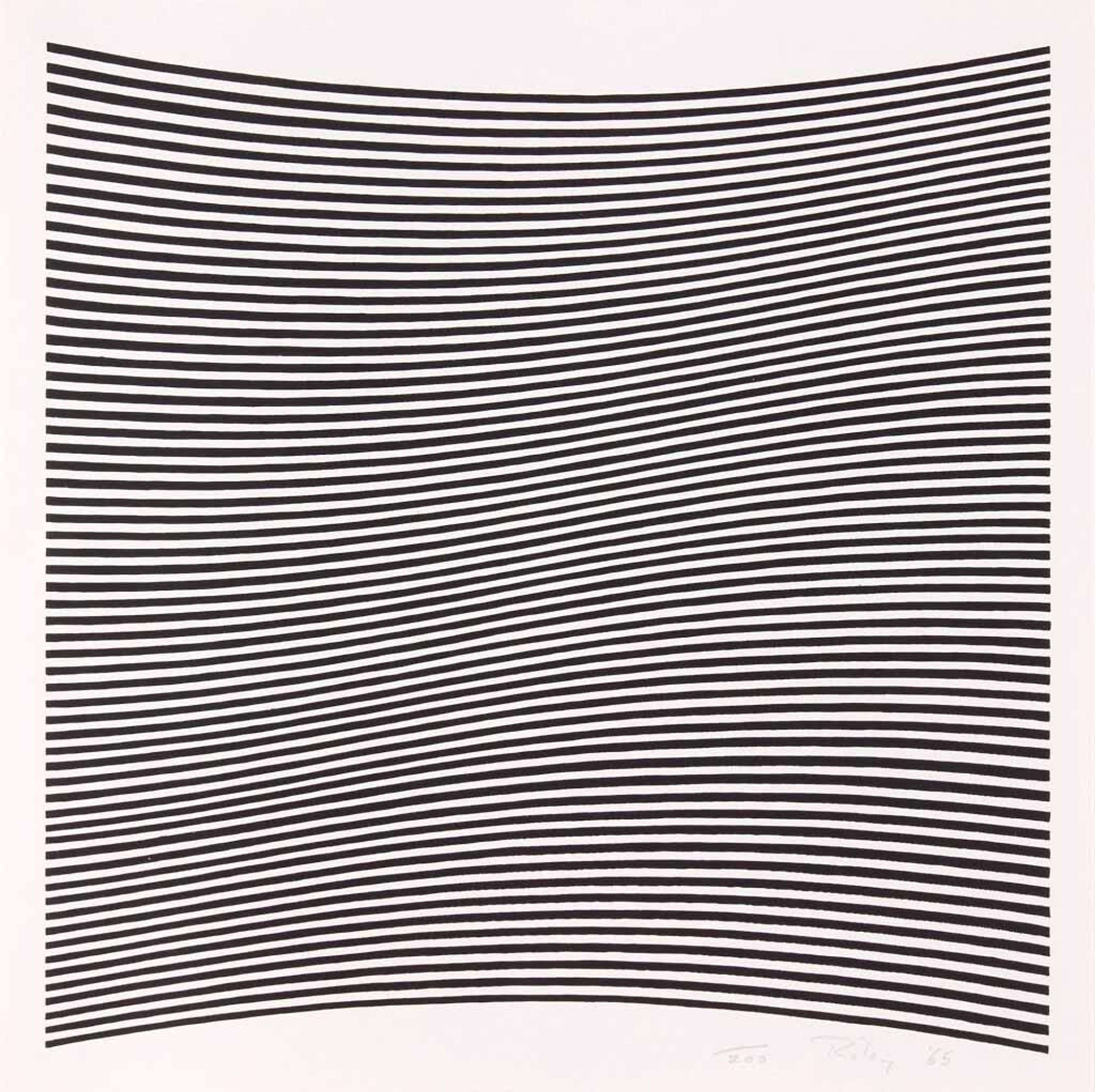 This print is composed simply of black horizontal lines of equal length, yet, in true Riley fashion, the effects of such simplicity are complex. The lines, as they move from top to bottom, slowly merge from being concave to convex. Consequently, the black lines appear to oscillate, like waves, across the surface of the print.