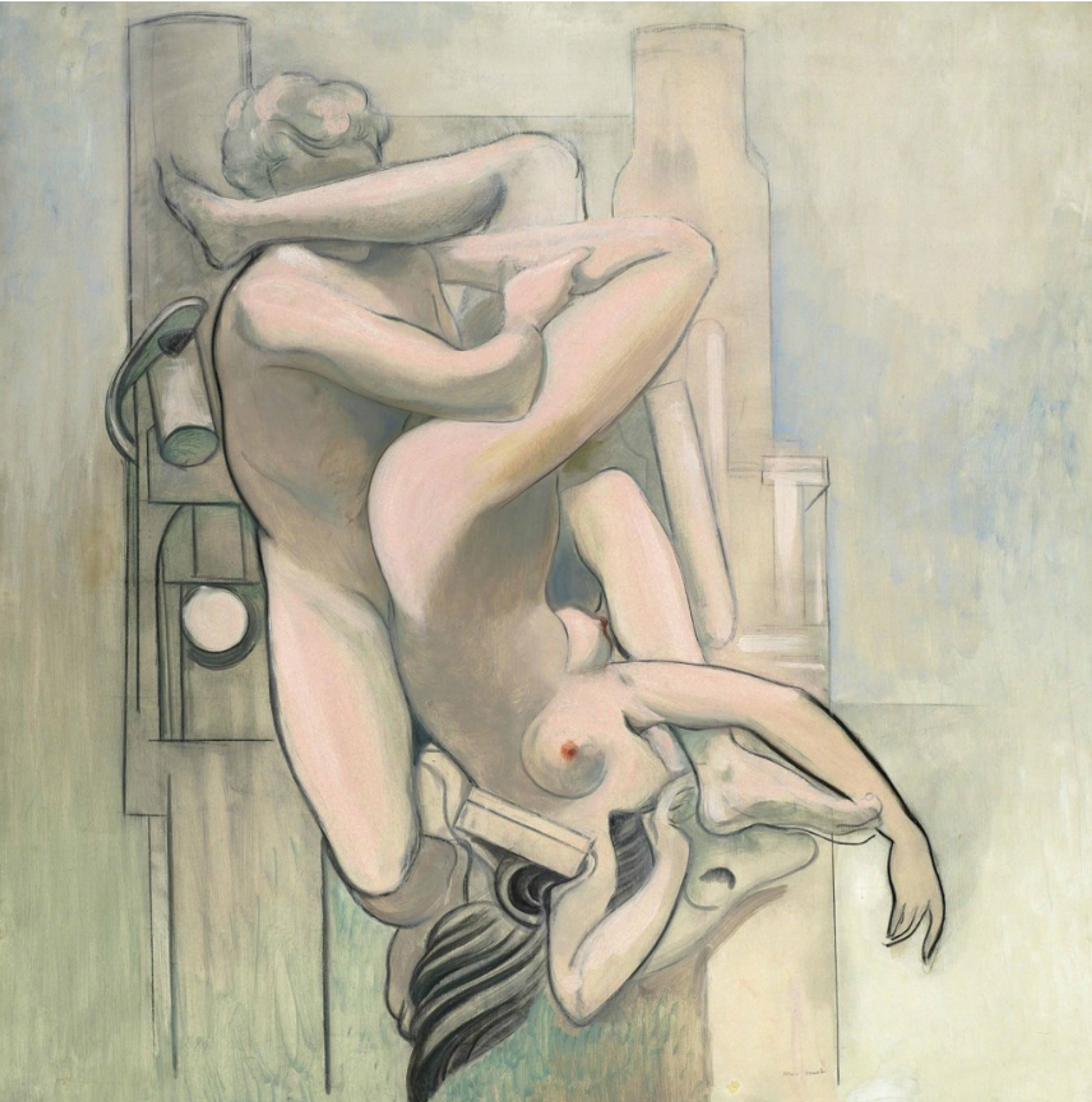 Two nude figures lie intertwined, each of their faces hidden. The male figure’s head is towards the top of the painting, while the female’s head is angled down. Abstract, almost Cubist shapes fill the space behind them. The colour palette is kept muted and soft.